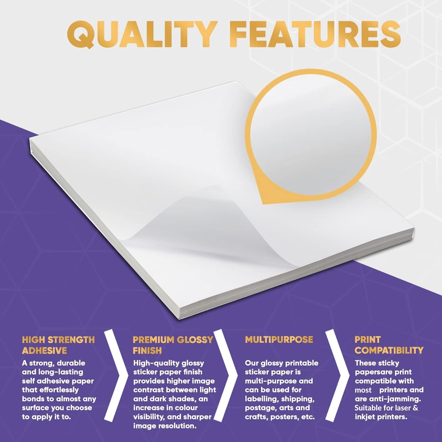 Avarrix Australia A4 Sticker Paper, Paper-Based Glossy White, 50 Sheets, Self Adhesive Premium Glossy Sticker Paper for Inkjet and Laser Printer, 90Gsm Thickness Printable Label Sheets image number 3