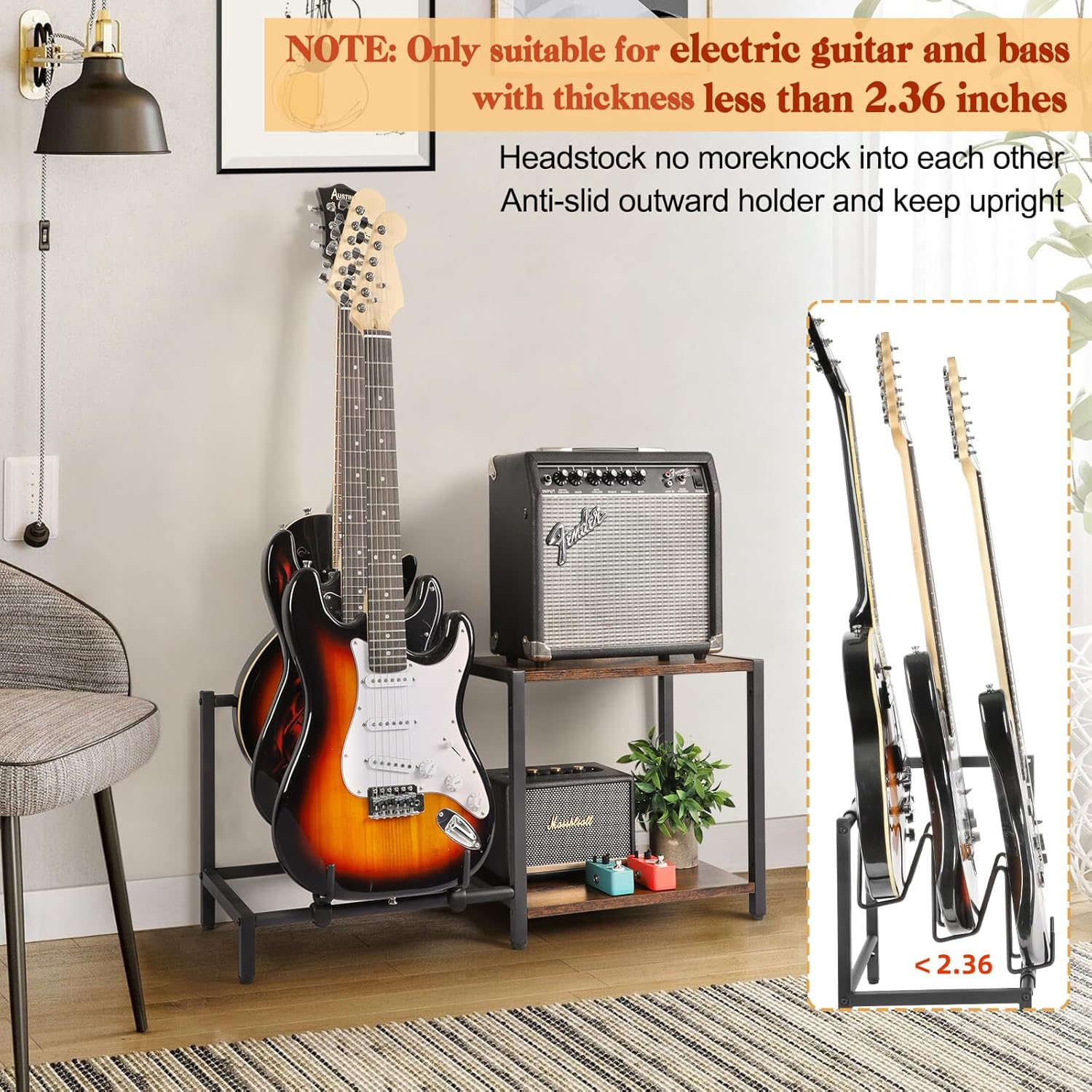 Guitar Stand for Electric Guitar and Bass,3 Guitar Stand Floor with Guitar Amp Stand,Guitar Rack for Multiple Guitars, Guitar Accessories, Adjustable Guitar Holder, Guitar Display for Music Studio