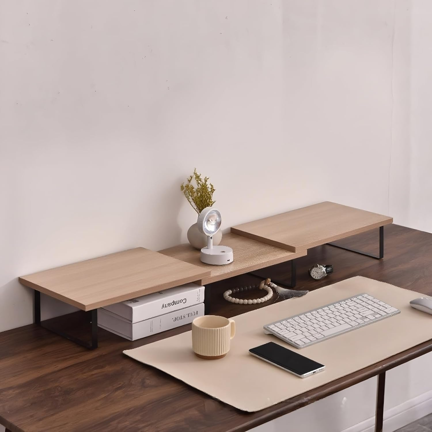 MOCICIGO Dual Monitor Stand Riser 3 Shelf Screen Stand with Adjustable Length and Angle,Monitor Stand, 2 Extra for PC, Computer, Laptop (OAK) image number 5