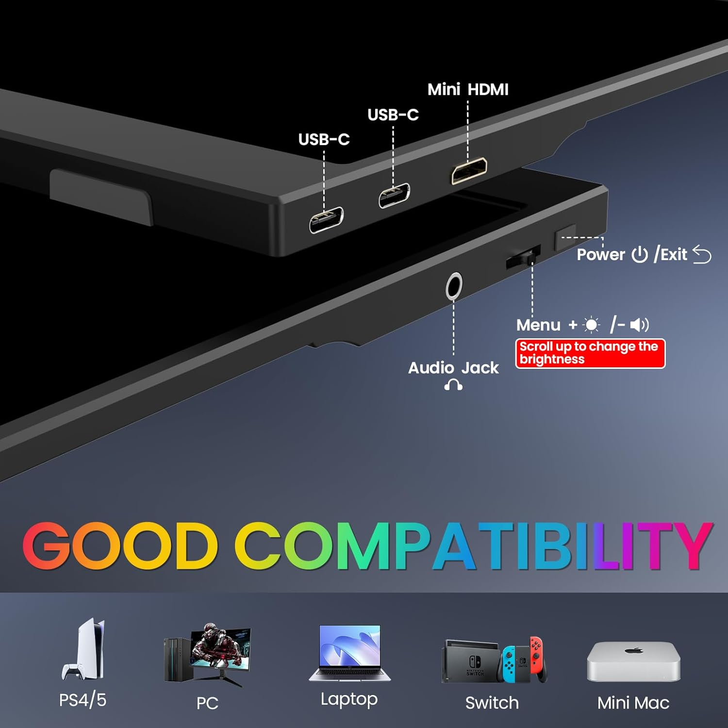 Iproda 15.6 Inch 1080P FHD Portable Monitor for Laptop, PC, Mac, Phone, PS5, Xbox, Switch - Black image number 5