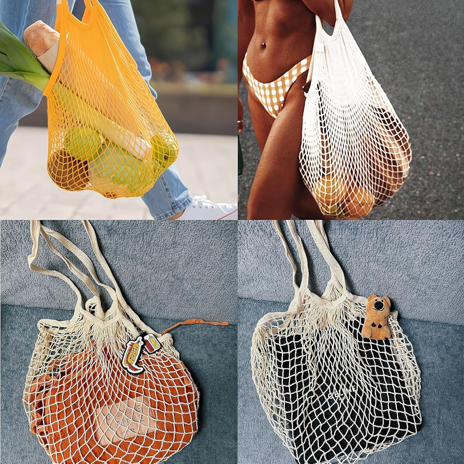 REGODI 6-Pack Short Handle Reusable Mesh Grocery Bags - Cotton String Shopping Tote for Produce, Beach Toys & Market Organizer (6 Colors) | Less Plastic Solution by Creatiee image number 2
