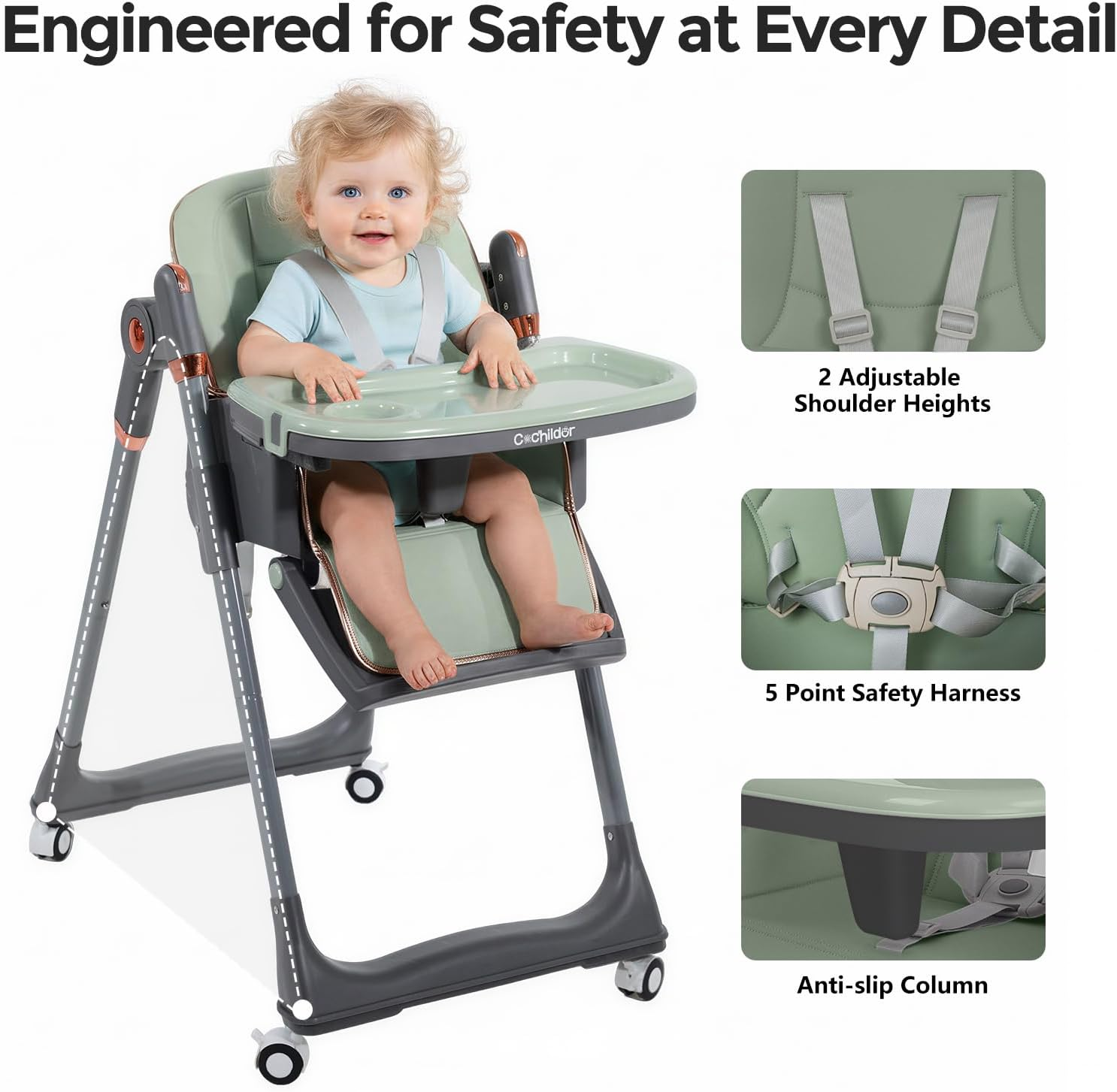 Baby High Chair | 3-In-1 Foldable Toddler High Chair with 5-Point Harness, Double Tray, and Adjustable Footrest, Green image number 5