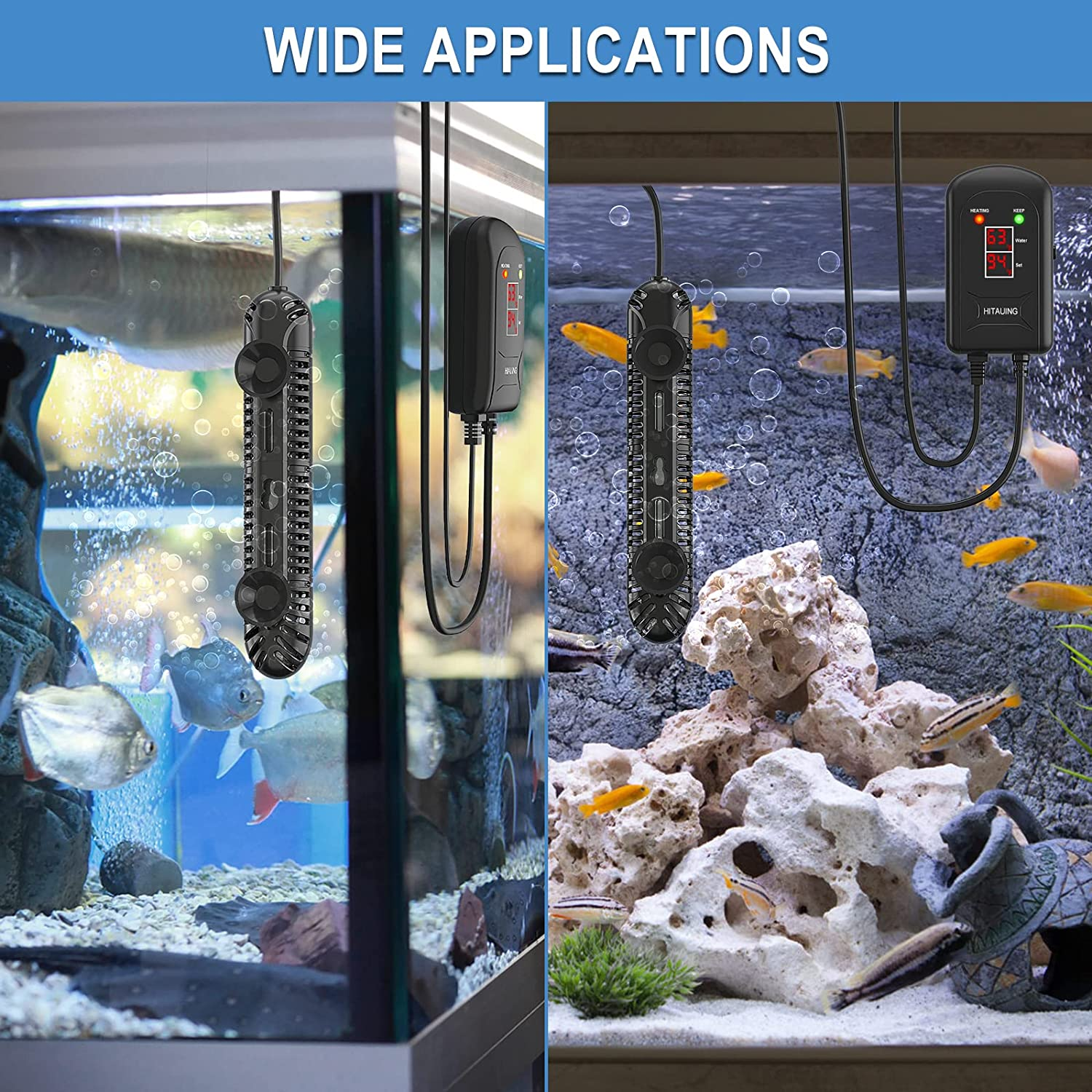 Hitauing Aquarium Heater,500W Fish Tank Heater with LED Digital Display & 5 Safety Protection,Submersible Aquarium Heater with 2 Suction Cup and 8.2Ft Cord for 75-120 Gallon Fish Tank.,(Hz-803-500W) image number 1