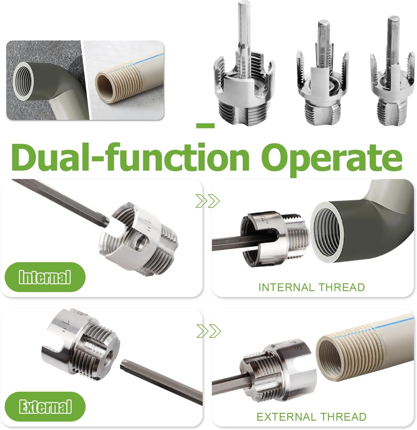 3 Pcs Pipe Thread Cutting Tool, Dual Function Integrated Internal & External Pipe Threading Tools Electric Drill Compatible PVC Plastic Pipe Threader Kit, 1/2" 3/4" 1" Pipe Size Rethreading image number 1