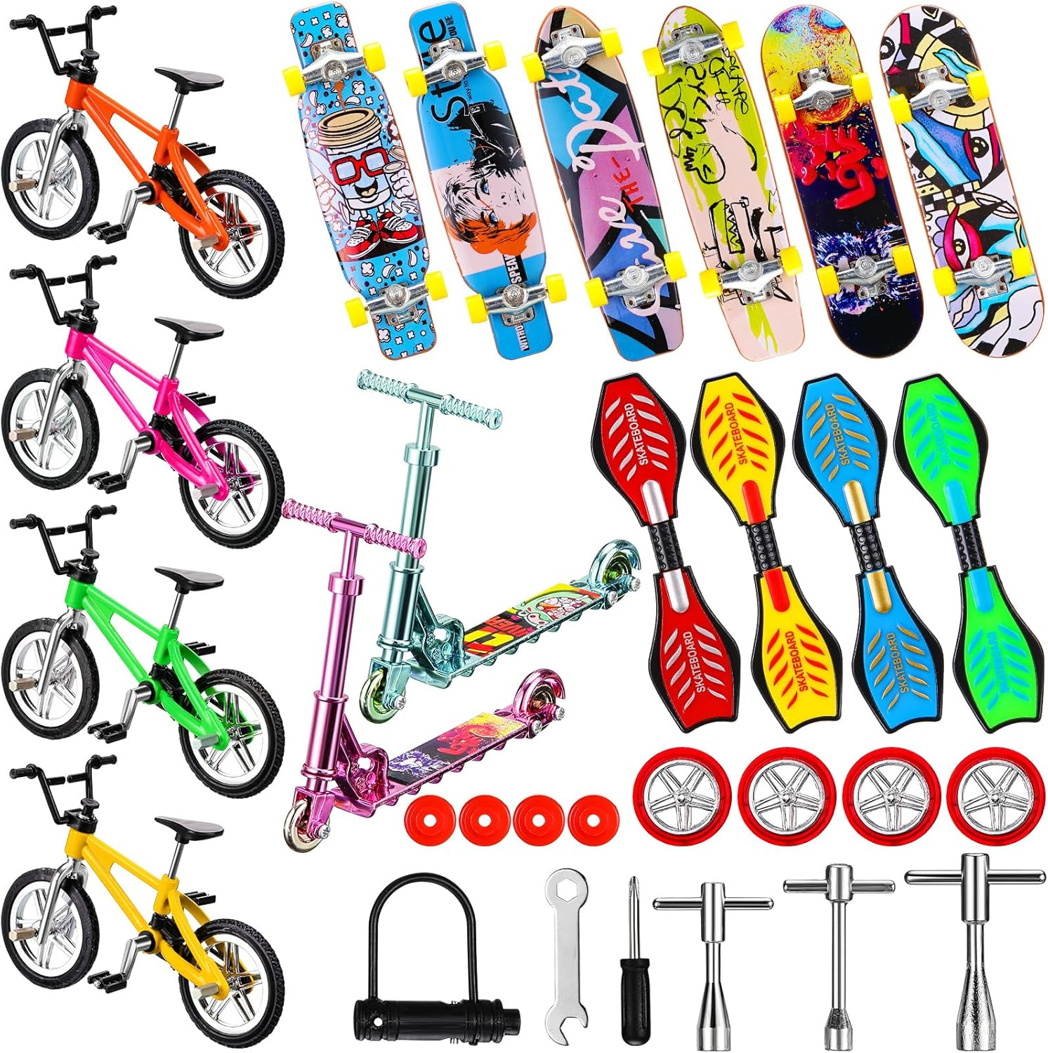 31 Pieces Mini Finger Toys Set Includes Finger Skateboards, Finger Bikes, Mini Scooters and Matched Wheels and Tools Accessories Educational Toys for Party Favors (Fun) image number 5
