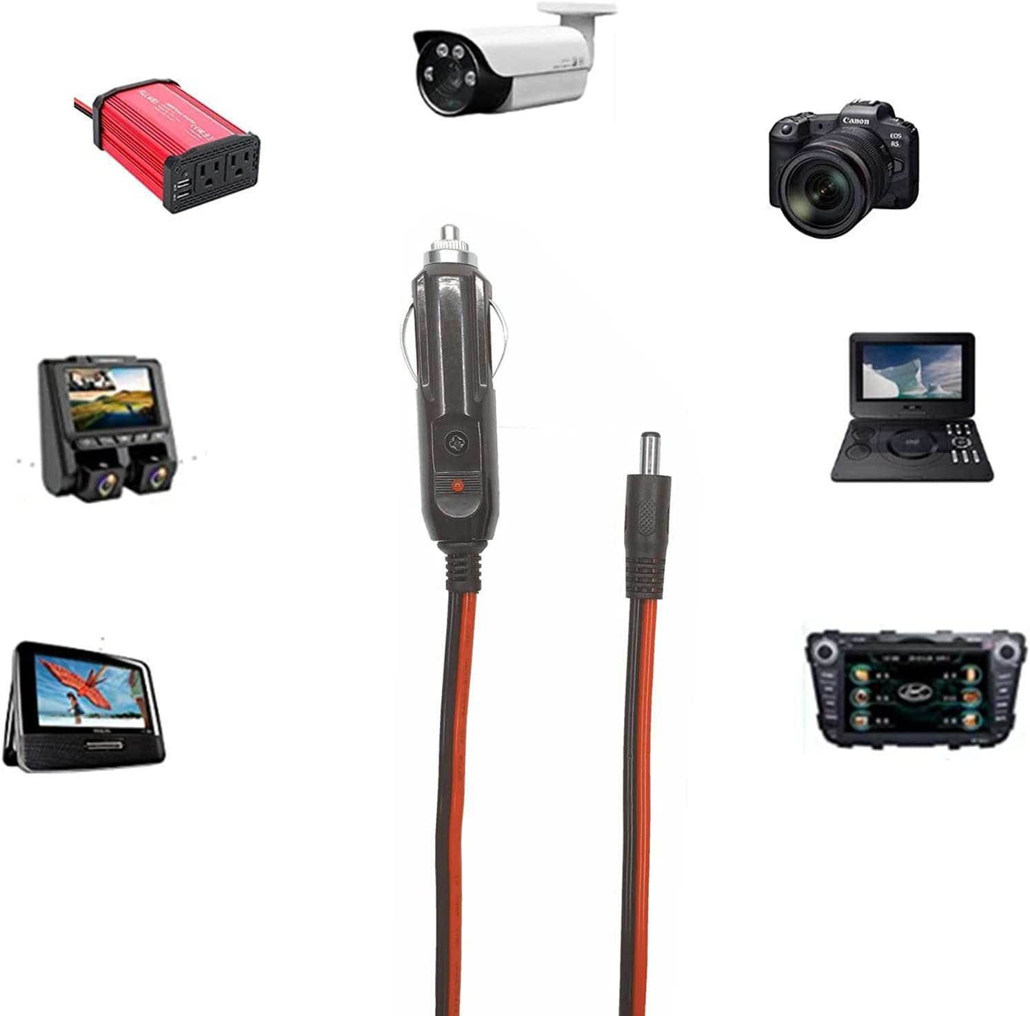 DC 5.5 X 2.1Mm Connector Car Charger Power Supply Cord 10Ft - 12V 24V Cigarette Lighter Male Plug with LED Light 16AWG Wire 15A Fuse for Portable DVD Player, Car, Camera image number 6