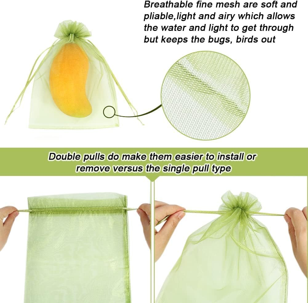 100Pcs Fruit Protection Bags 15 * 20Cm, Green Netting Cover Bags Drawstring Mesh Fruit Protectors Pest Barrier for Tomato Mango Trees Veggies Garden image number 3