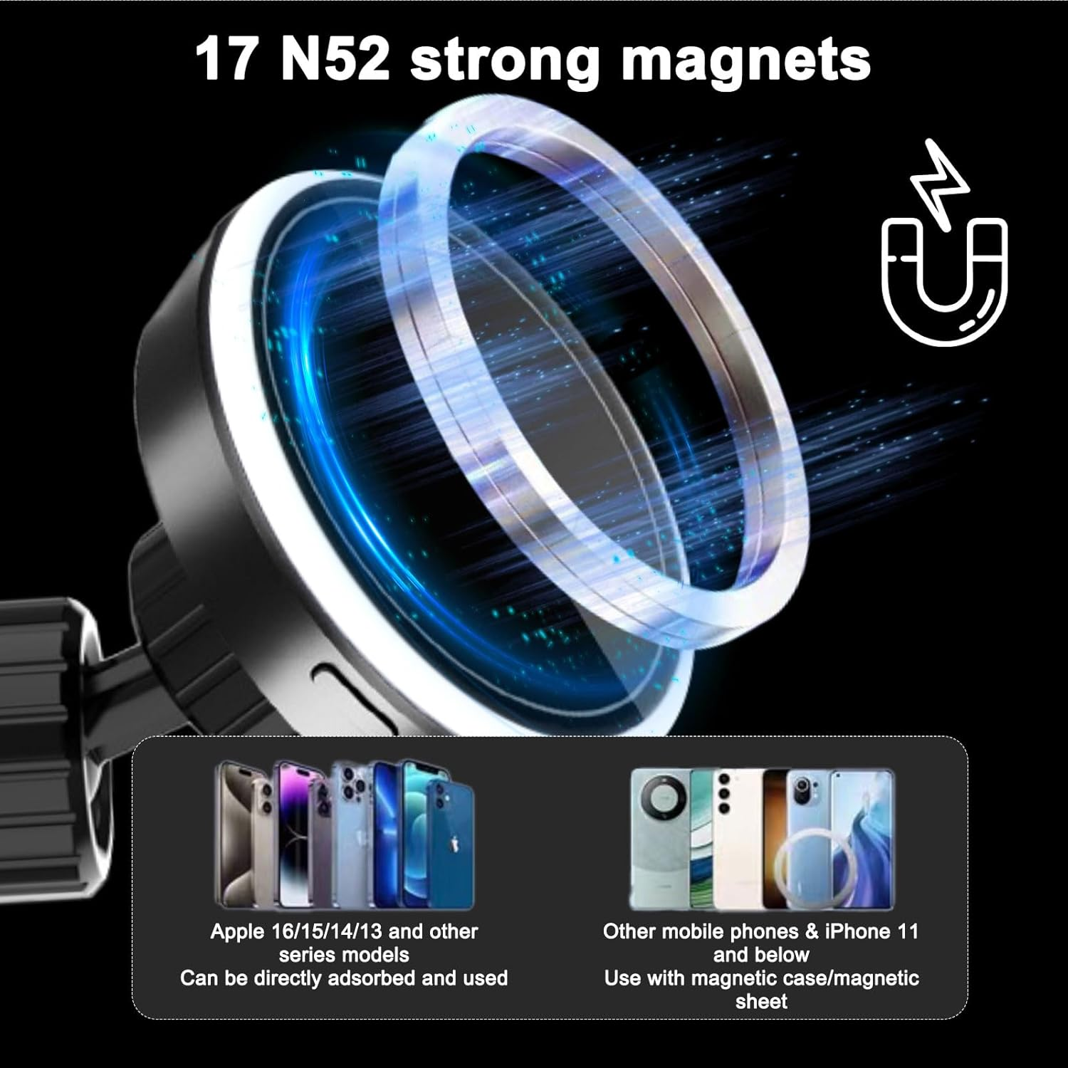 360&deg; Rotating Vacuum Suction Phone Holder, 15W Charge Magnetic Car Mount with Suction Cup for Dashboard & Windshield for Phone & Tablet, Includes Magnetic Ring for Non Magnetic Device image number 2