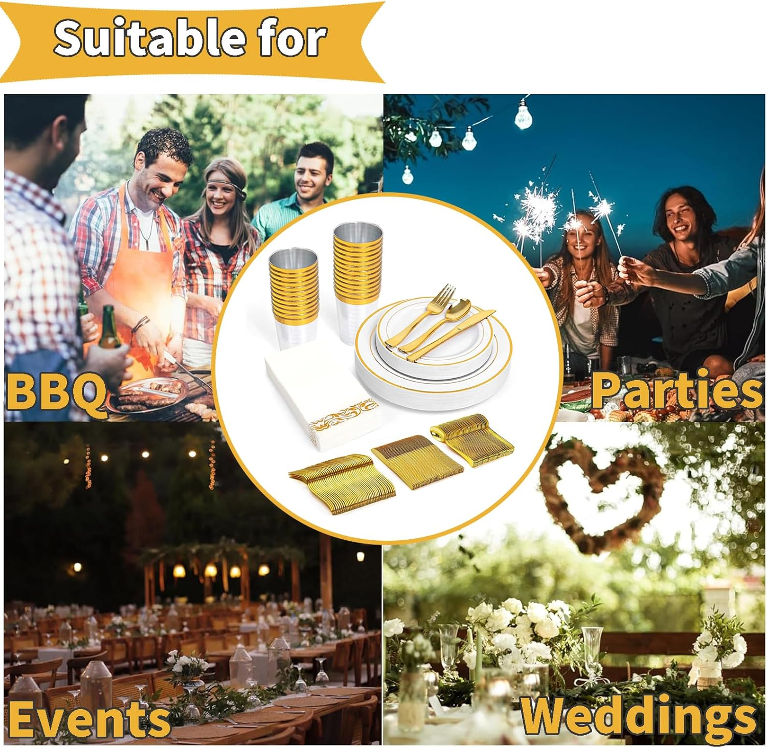 175 Pieces Gold Dinnerware Set for 25 Guests, Party Plate Sets White Plates with Gold Lace Rim Design, Including 25 Reusable Dinner Plates, Dessert Plates, Silverware Set, Cups and Napkins image number 5