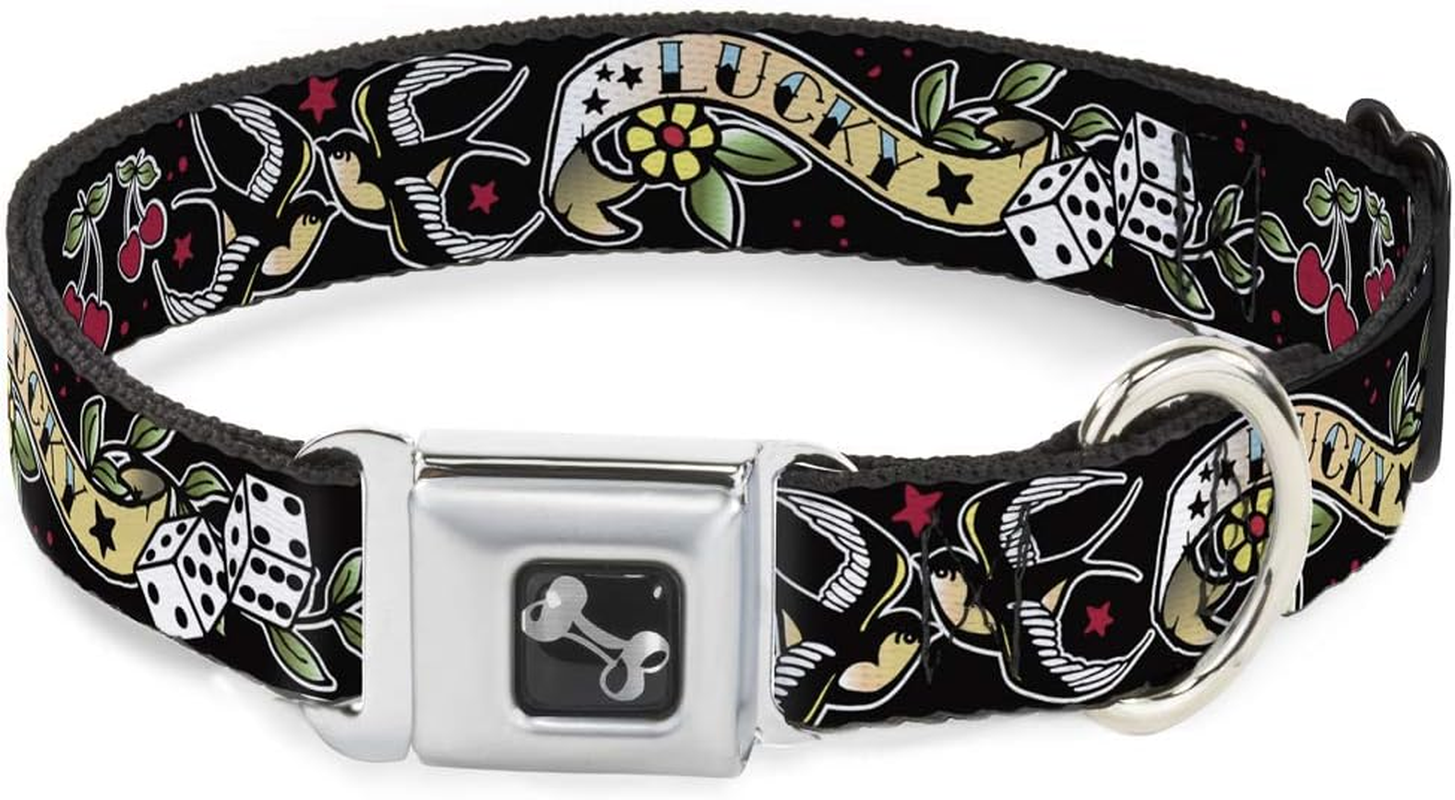 Buckle-Down Seatbelt Buckle Dog Collar - Lucky Black/White - 1" Wide - Fits 15-26" Neck - Large