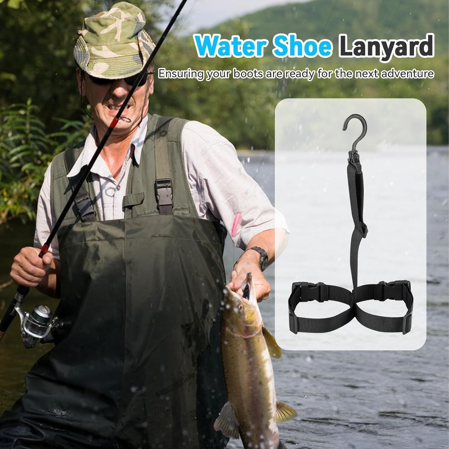 3 Pcs Fishing Wader Boot Hanger, Adjustable Strap Wader Hangers Boot Hanger Boot Hooks Boot Straps, Boot Drying Rack for Hanging Belts, Drying Boots, Fishing Boots image number 1