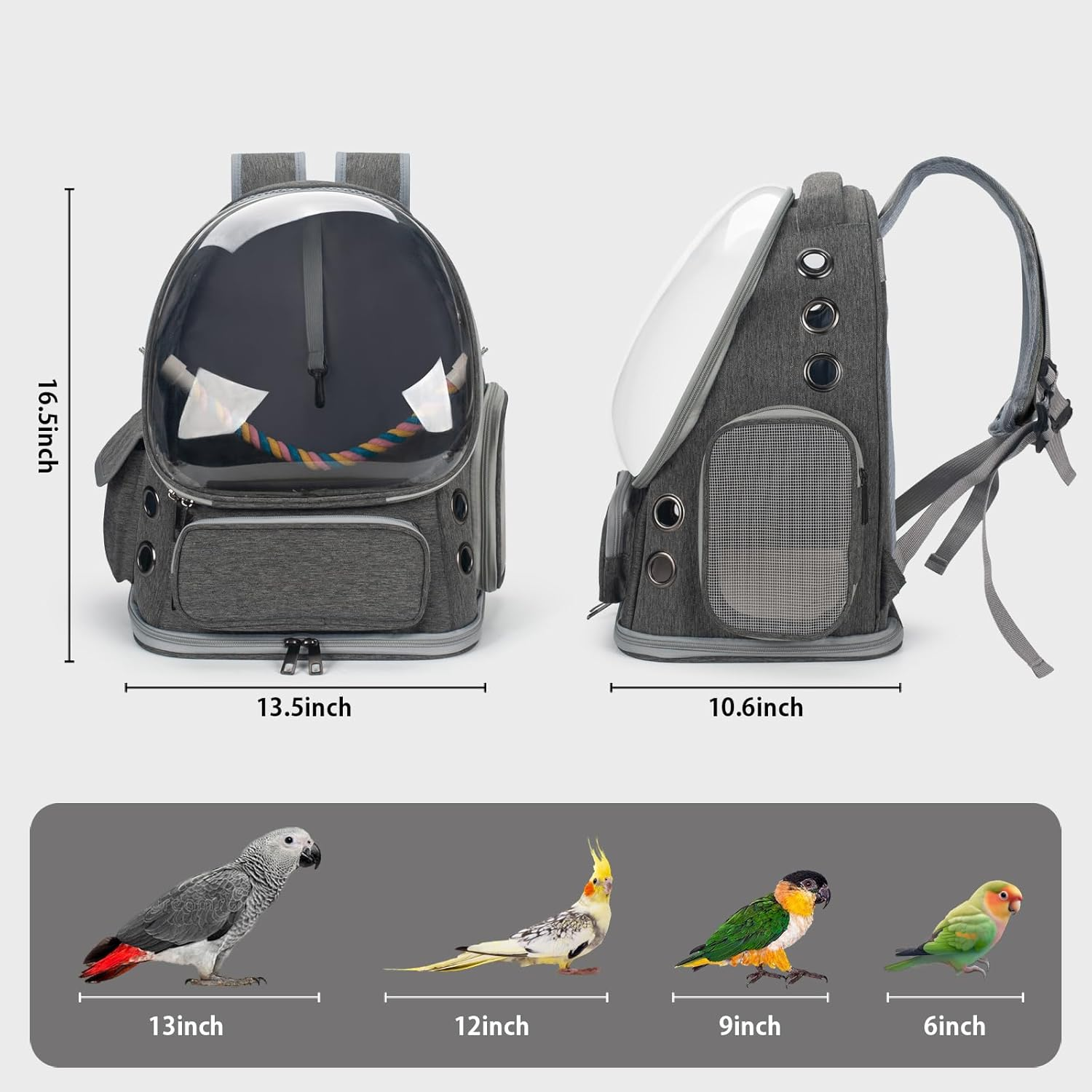 Bird Backpack Carrier Travel Cage with Perch, Tray and Breathable Clear Window, Bird Travel Cage for Cockatiel Caique Conure Quaker, for Vetting Camping Hiking (Grey) - Green image number 4