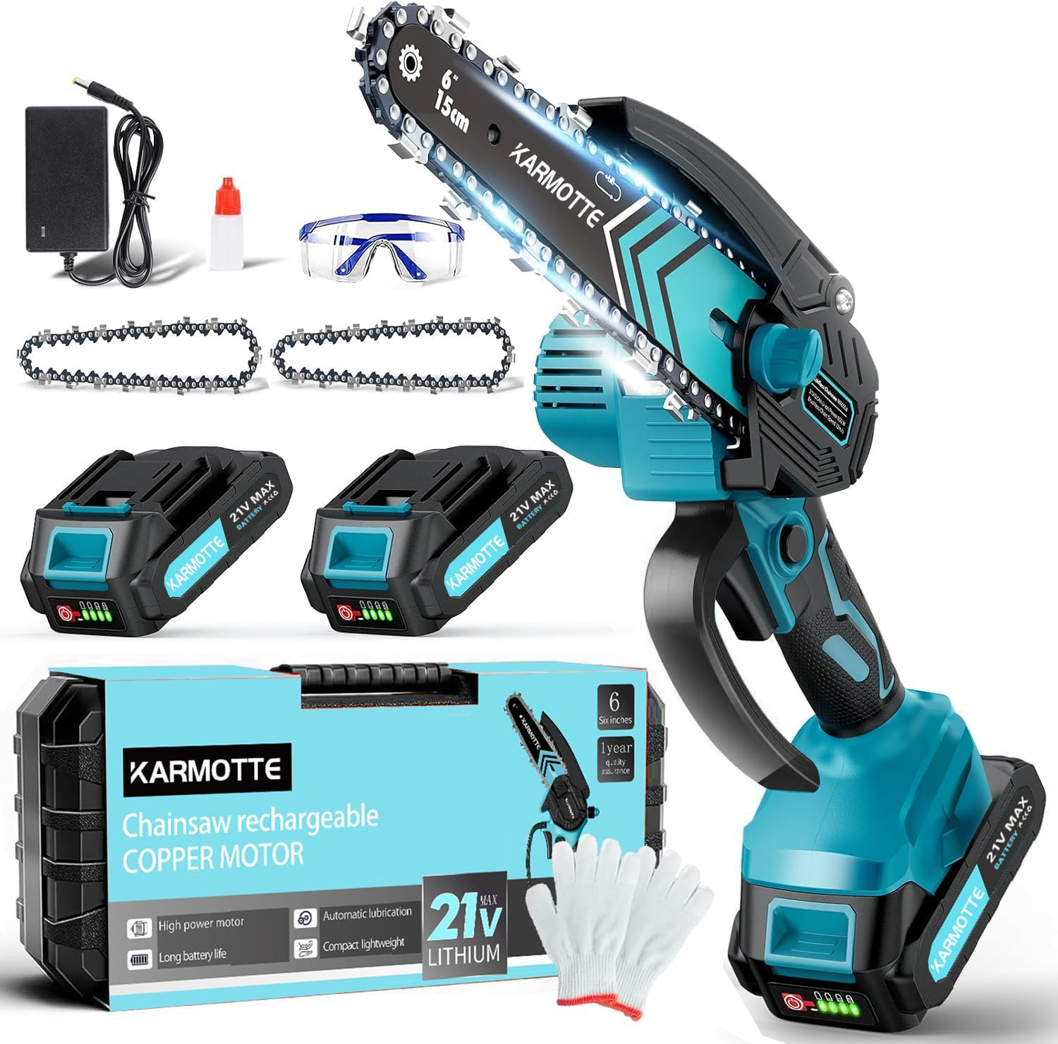 Mini Chainsaw Cordless 6 Inch, Handhled Chainsaw with 2 Batteries & Auto Oiling System, Electric Chain Saw for Tree/Wood Cutting, Christmas Birthday Gifts for Men Dad Him Stocking Stuffers image number 5