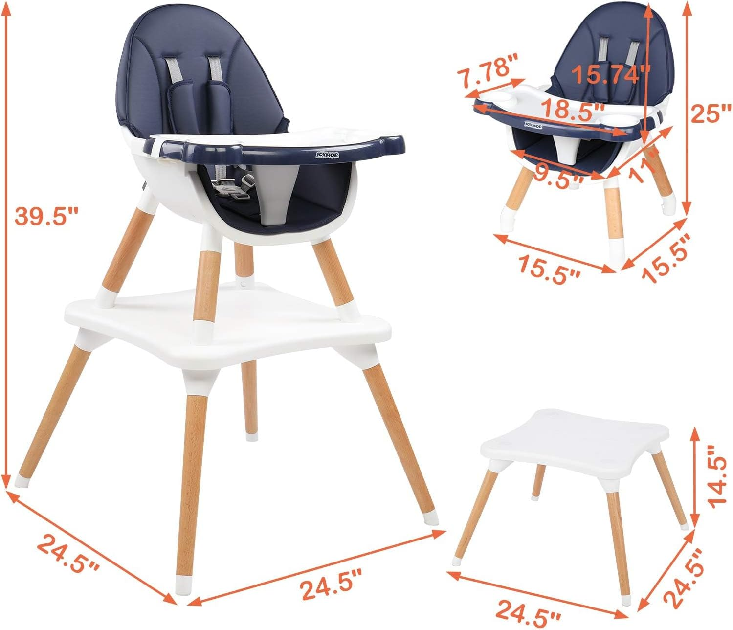 Baby High Chair, 5 In1 Convertible Table and Chair Set for Babies and Toddlers, Wooden Infant Eating Highchair with Leather Seat Cushion, 4-Position Removeable & Adjustable Tray image number 4