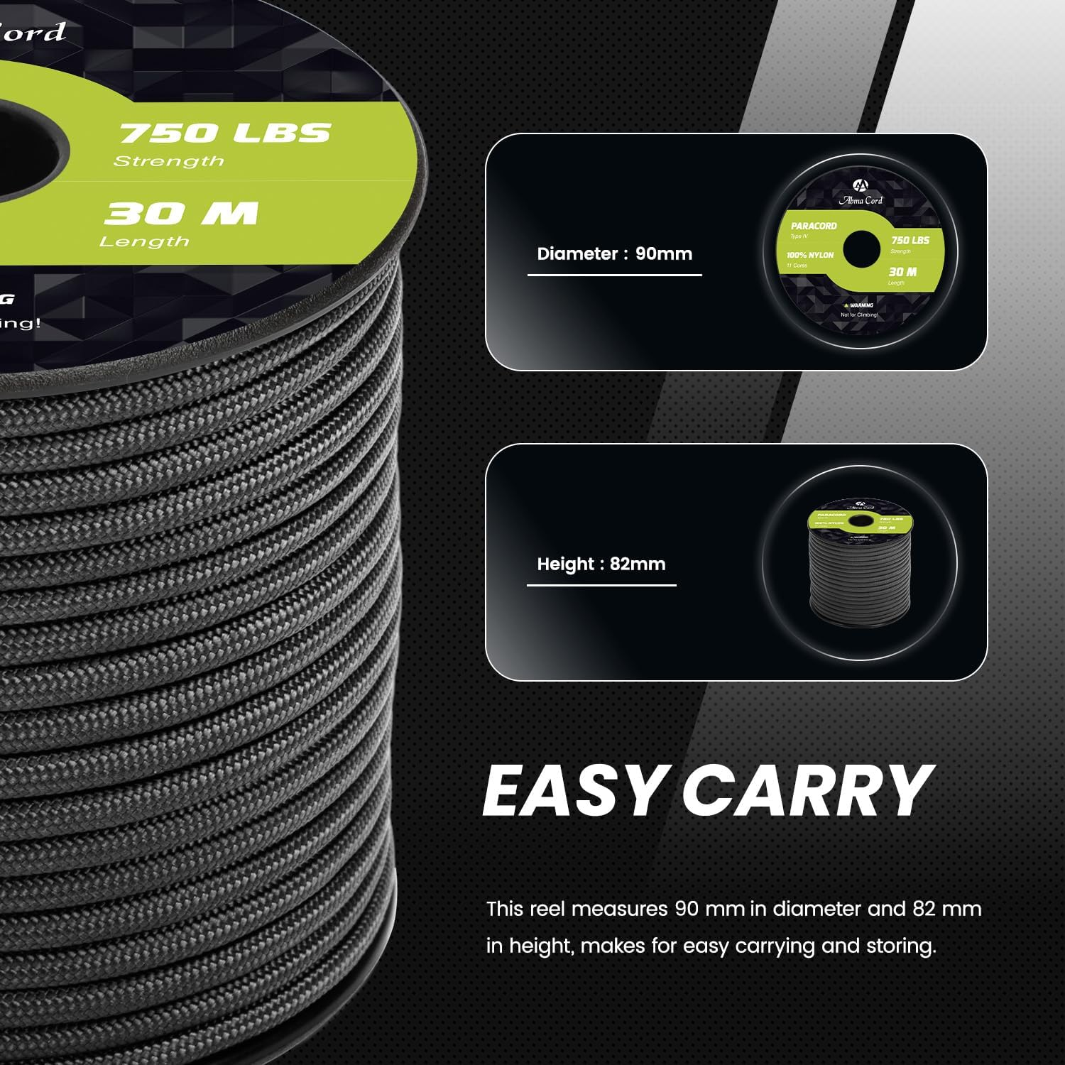Abma Cord 4Mm Paracord 750Lb 30M 100% Nylon Rope 11 Strands Type IV Military Grade Parachute Cord for DIY, Camping, Survival, Outdoor - Max. 340Kg - Black - Army Green image number 6