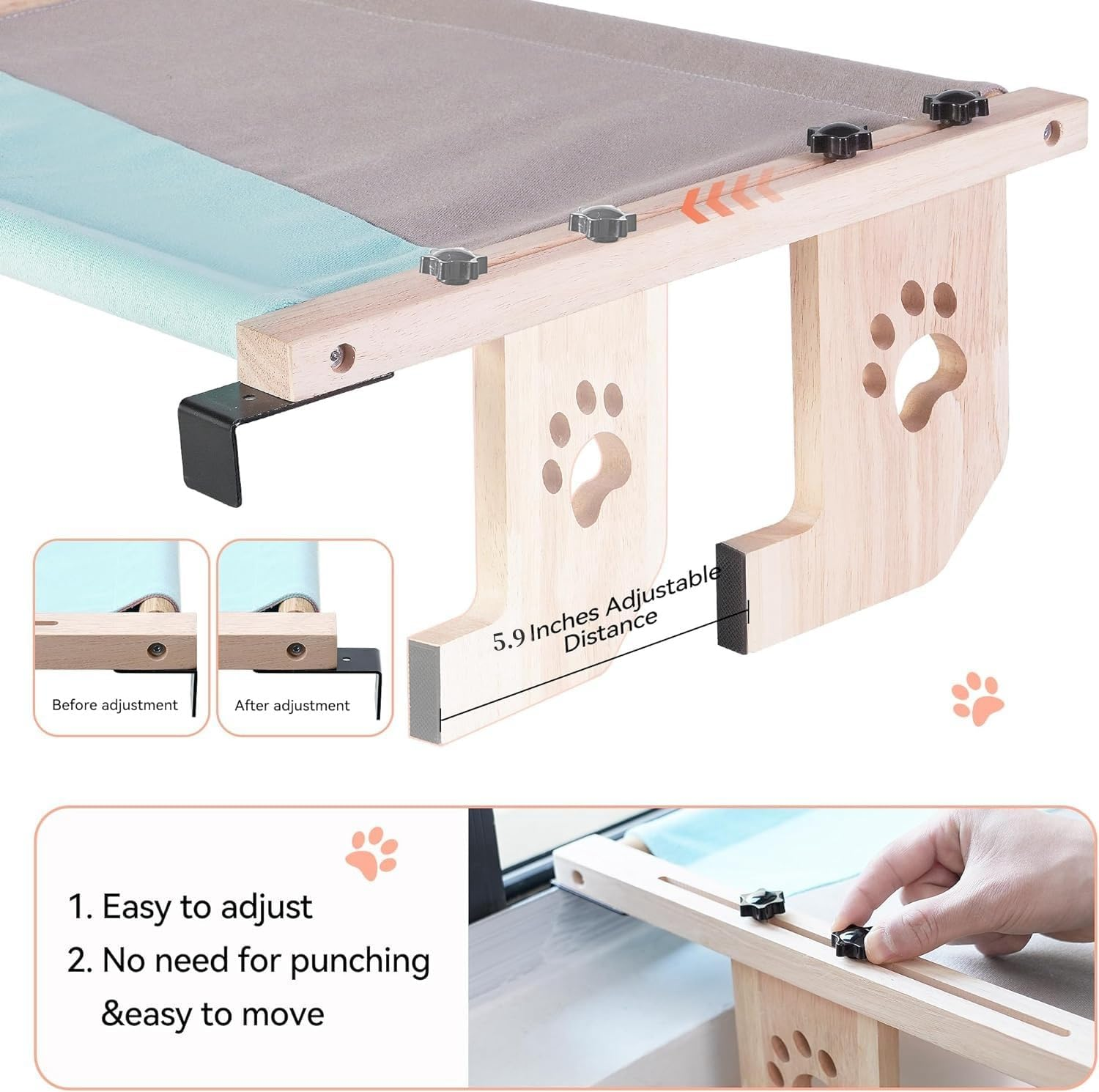 CHIEFAWAY Window Seat for Large Cats and Kittens, Adjustable Wooden Perch, Hammock Bed Washable Toy Blue-Grey Color - Grey image number 4