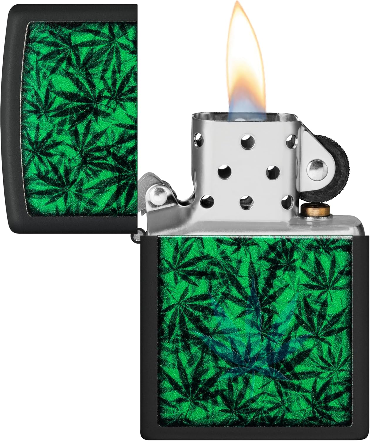 Zippo Cannabis Black Light Windproof Lighter, Black Matte - 540 Tumbled Brass image number 7