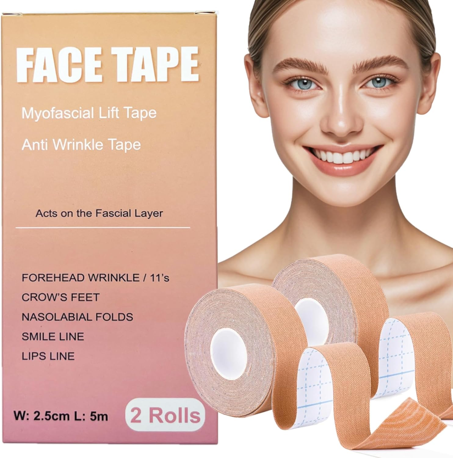 Face Tape, Facial Myofascial Lift Tape, anti Wrinkle Patches for Fine Lines, Crow'S Feet, Sagging Skin, Non-Invasive Natural Wrinkle Reduction Smoothing Patches - 2 Rolls 2.5Cm*5M image number 4