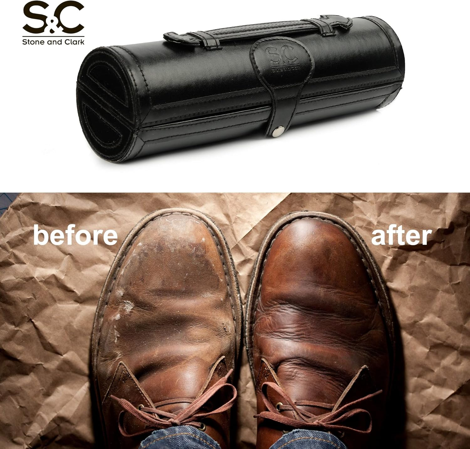 Stone & Clark 12PC Shoe Polish & Care Kit, Leather Shoe Shine Kit with Brown Wax, Shoe Brushes for Polishing (Case: Classic Black)&hellip; image number 2