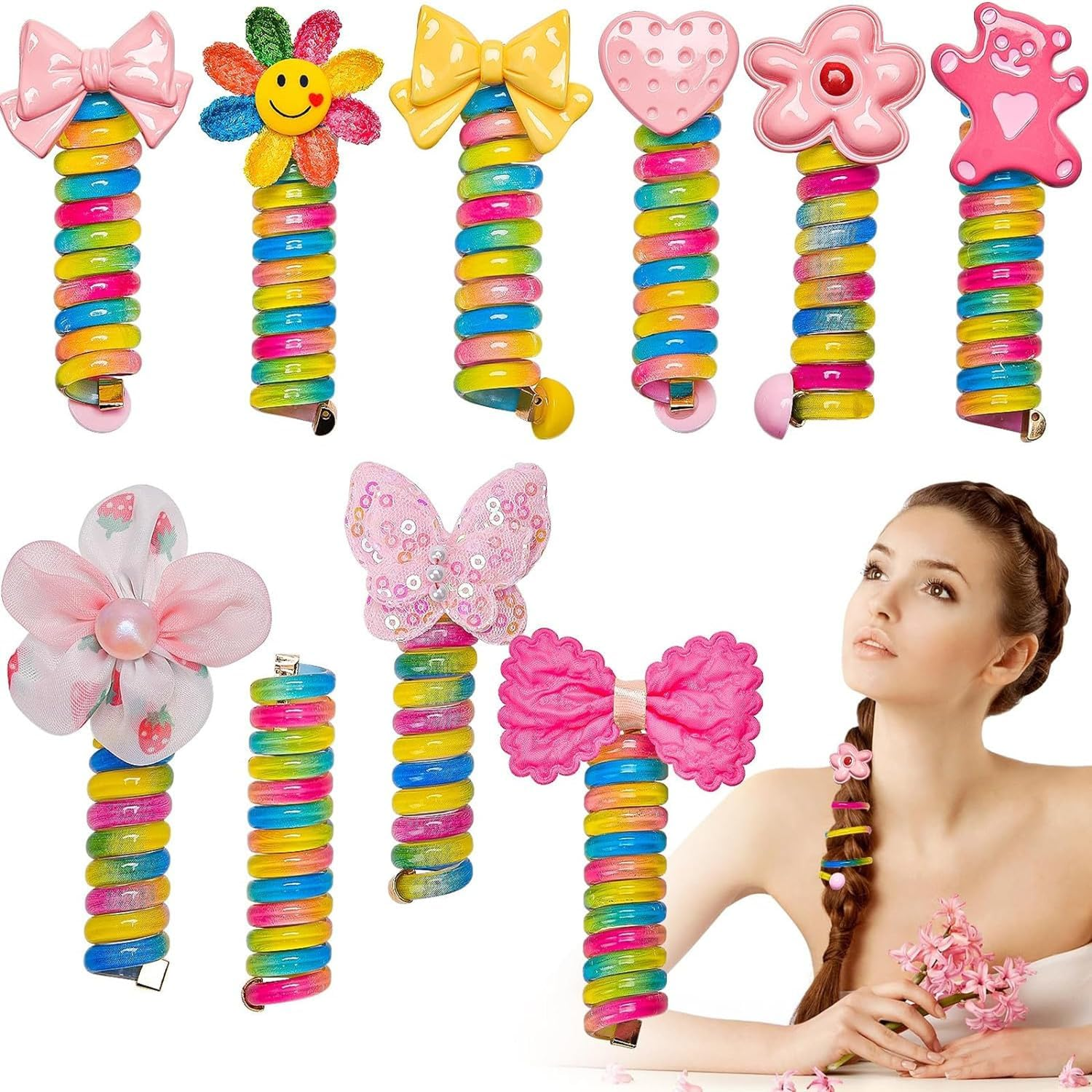 10 PCS Colorful Telephone Wire Hair Bands for Kids, Spiral Hair Ties, Bowknot Braided Telephone Wire Hair Bands, Ponytail Holder Accessories for Women Girls (Multicolor) image number 3