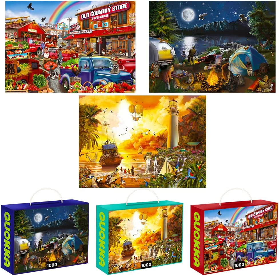 QUOKKA Puzzles for Adults 1000 Pieces and up - 3 Pack of 1000 Piece Puzzles for Kids Ages 8-10-12 - Enjoy Market, Lighthouse and Camping Designs for Women and Men image number 1