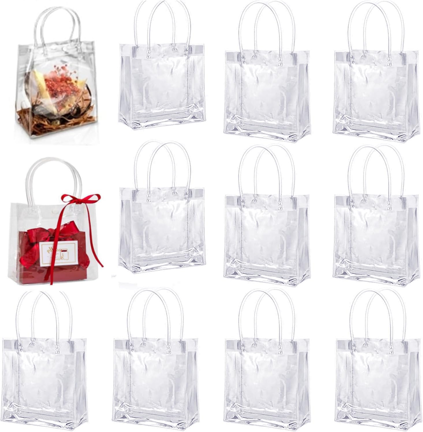 12 Pack Reusable Clear PVC Tote Bag, Tote Transparent Gift Wrap Waterproof Shopping Bags Party Gift Bags for Wedding Candy Bags Party Favor Shopping Retail Jewelry image number 1
