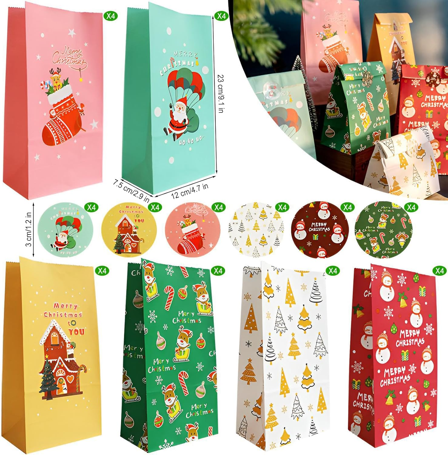 Oundarm 24PCS Christmas Paper Gift Bags Bulk with 24 Stickers Xmas Multicolor Goodie Paper Bags for Kids Assorted Candy Treat Gift Bags for Party Favor Supplies Christmas Holiday Decorations image number 5