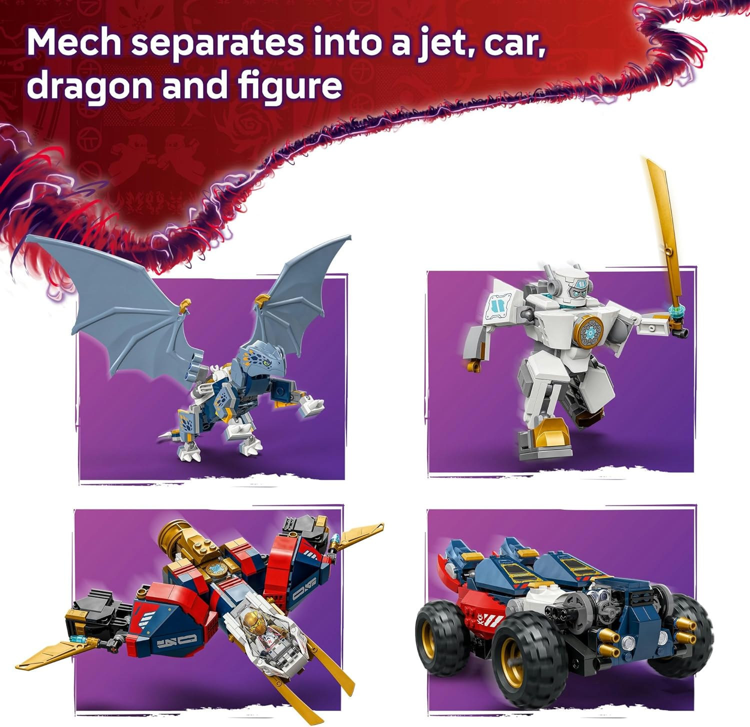 LEGO NINJAGO 4In1 Zane&rsquo;S Ultra Combiner Mech Toy for 9+ Year Old Boys & Girls, Rebuilds into Kids Toy Jet, Car Model, Dragon & Ninja Figure, Incl. 6 Minifigures, Dragons Rising Building Set 71834 image number 1