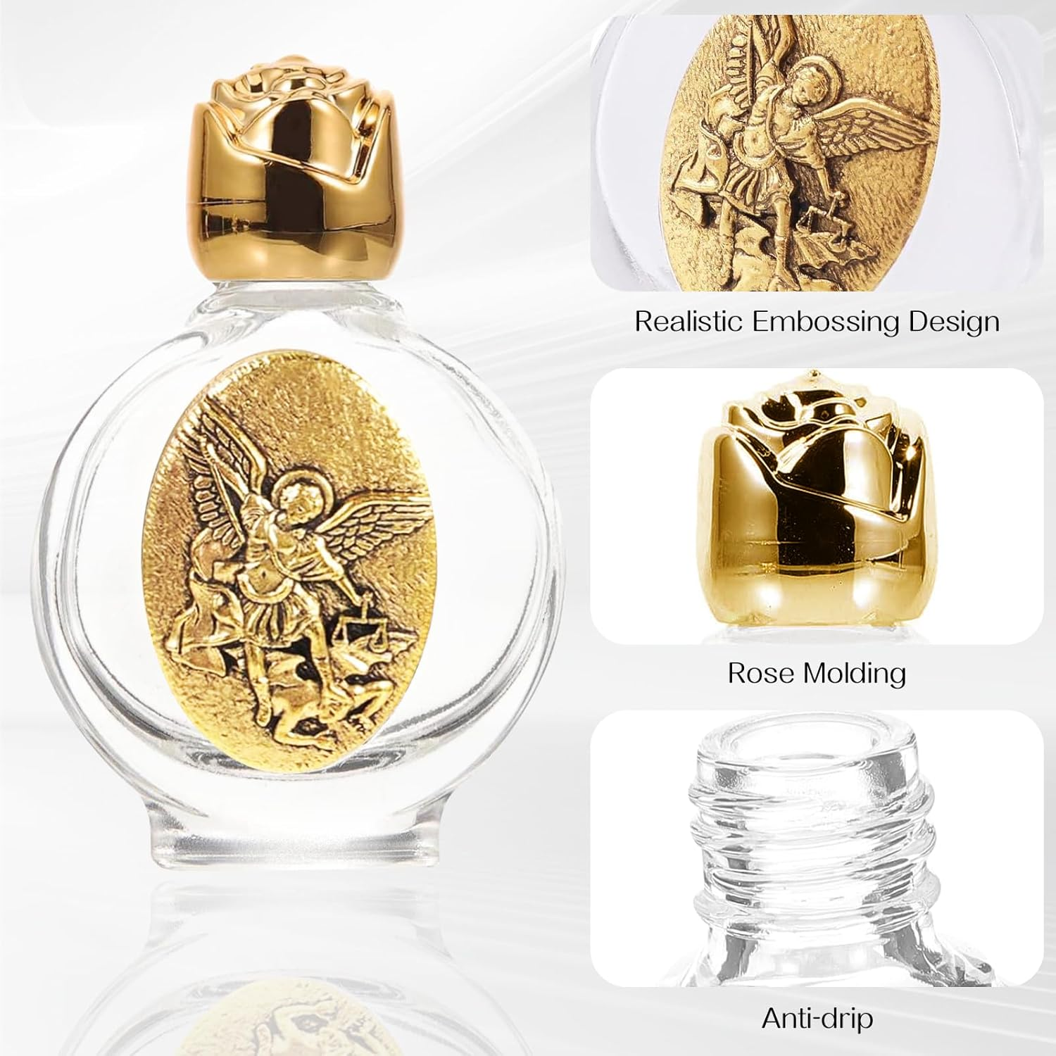 12 Pcs Embossed Holy Water Bottles 0.5 Floz Glass Water Bottle Portable Holy Water Container Church Blessing Decorations Bottles for Home Wedding Baptism Party Favors(Gold，Angel)