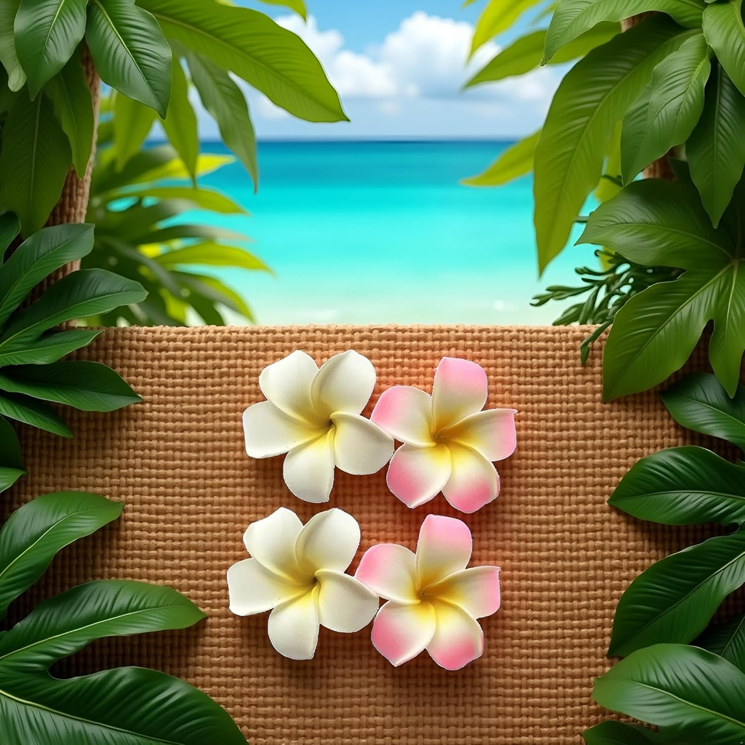 Pack of 4 7 Cm White and Pink Hawaiian Frangipani Plumeria Foam Head Flower Party Beach Hair Clip Hair Clips image number 5