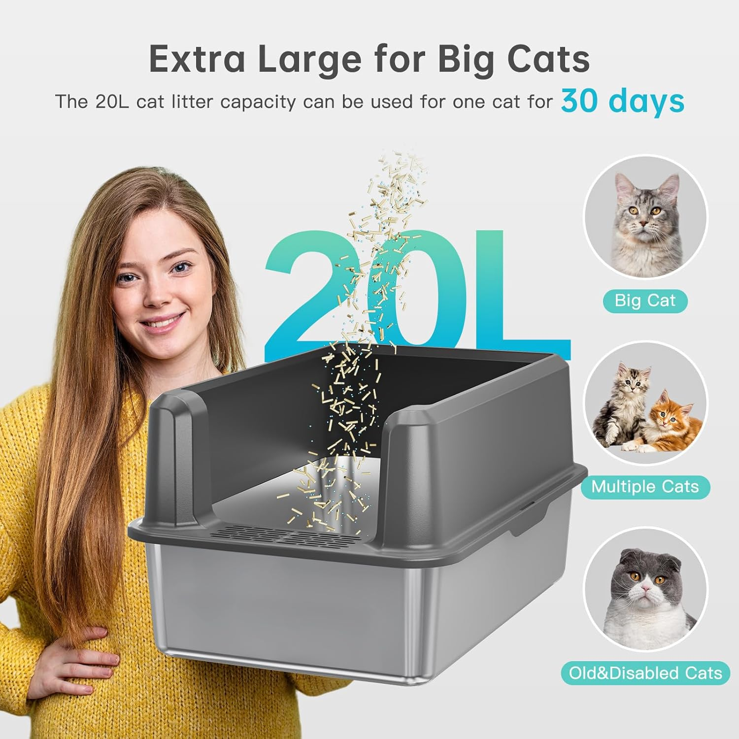 MOTYYA Enclosed Stainless Steel Cat Litter Box with Lid, XL Extra Large Litter Box for Big Cats, Metal Litter Box High Sided, Never Absorbs Odors, Anti-Urine Leakage, Easy Cleaning, Include Scoop image number 2