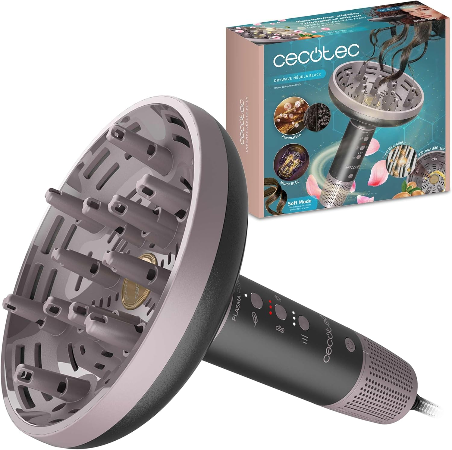 Cecotec Diffuser Hair Dryer for Curls XXL Drywave N&eacute;bula Black. 1300 W, Argan Oil and Keratin, Brushless Motor, Plasmatech Antifrizz, Soft Mode, 3 Speeds and Temperatures, 12 Teeth image number 1