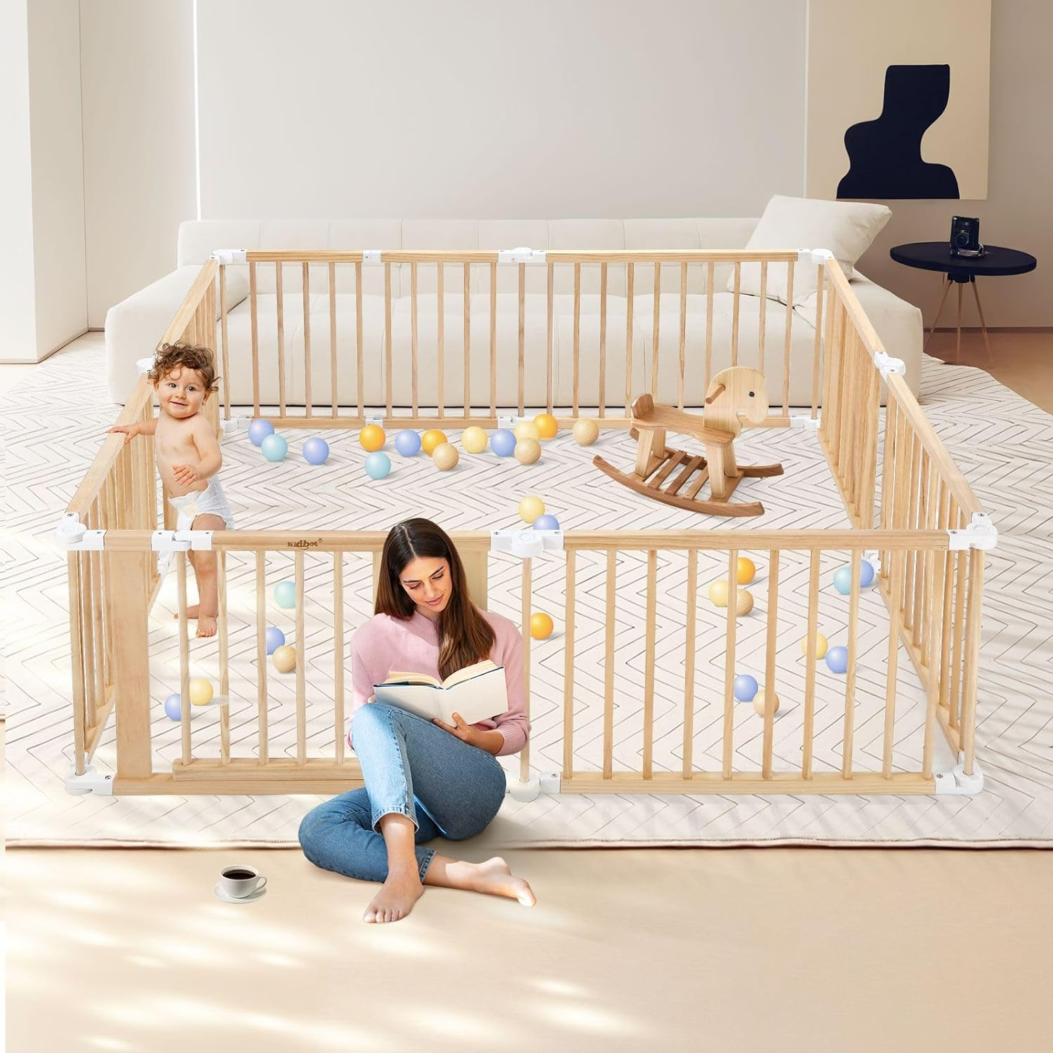Pet Scene Wooden Pet Playpen Gate 8 Panel for Kids Pet Dog Safety Fence Activity Centre Play Yard Pen Foldable Travel Guard