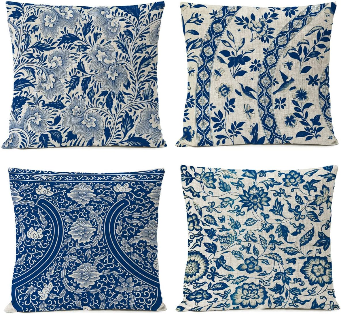 FUNHOM Blue Flowers Pillow Covers 18X18 Set of 4 Leaf Floral Linen Pillow Cover Home Decorative Sofa Leaves Vintage Pillow Cases Cushion Cover