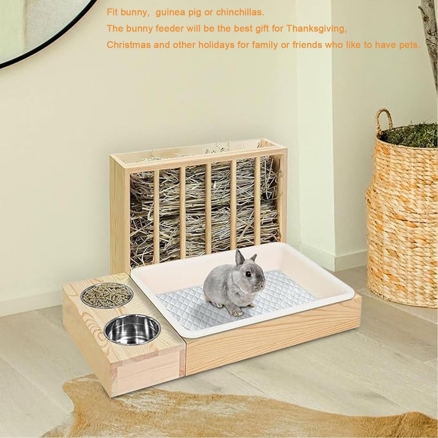 Lxcshljx 3 in 1 Rabbit Hay Feeder with Litter Box, Wooden Bunny Feeder Holder with Toilet and Bowls Combo, Small Animal Hay Rack Manger for Chinchillas, Hamster, Dwarf Rabbit, Guinea Pig, Ferrets image number 6