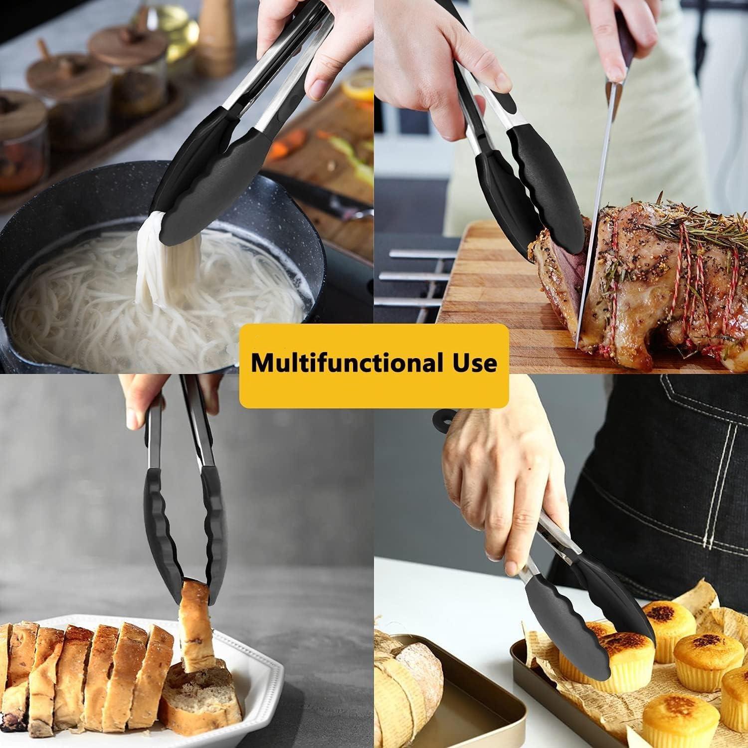 Set of 3 7-Inch Small Silicone Tongs Mini Serving Tongs Kitchen Barbecue Clip Anti-Scalding Barbecue Clip (Black, One Size) image number 5