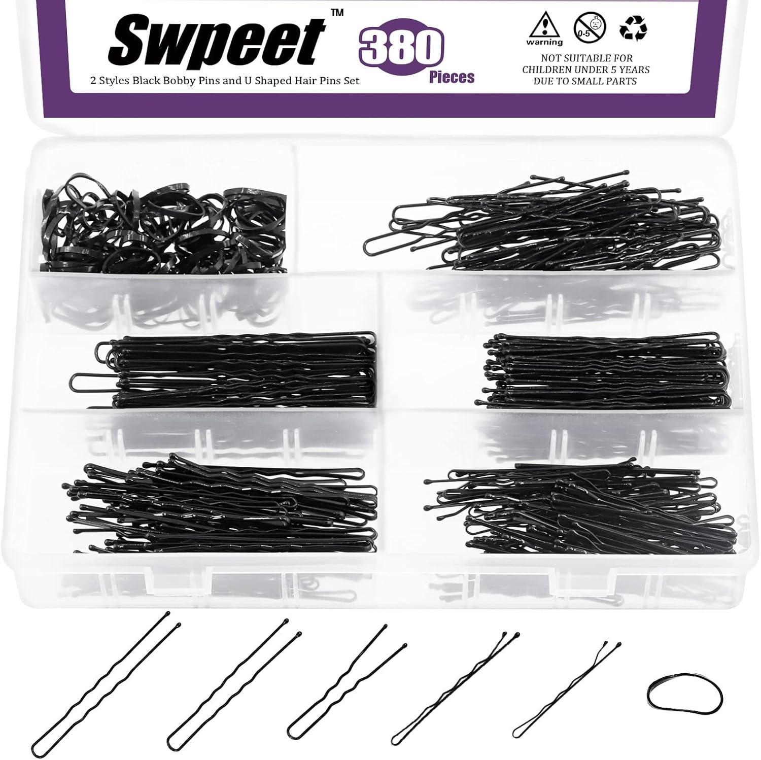 Swpeet 420Pcs 2 Styles 1.9Inch 2.4Inch Black/Gold/Brown/Silver Hair Pins Bobby Pins with Rubber Bands Kit, Including 160Pcs Bobby Pins and 160Pcs U Hair Pins Hair Clips for Girls and Women