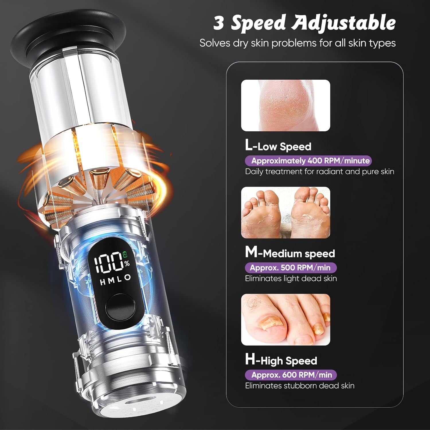 Electric Callus Remover, 2 in 1 Professional Callus Remover, Electric, Rechargeable, Adjustable Pedicure Foot File with 60 Pieces and 10 Pieces Polishing Disc Replacement image number 2