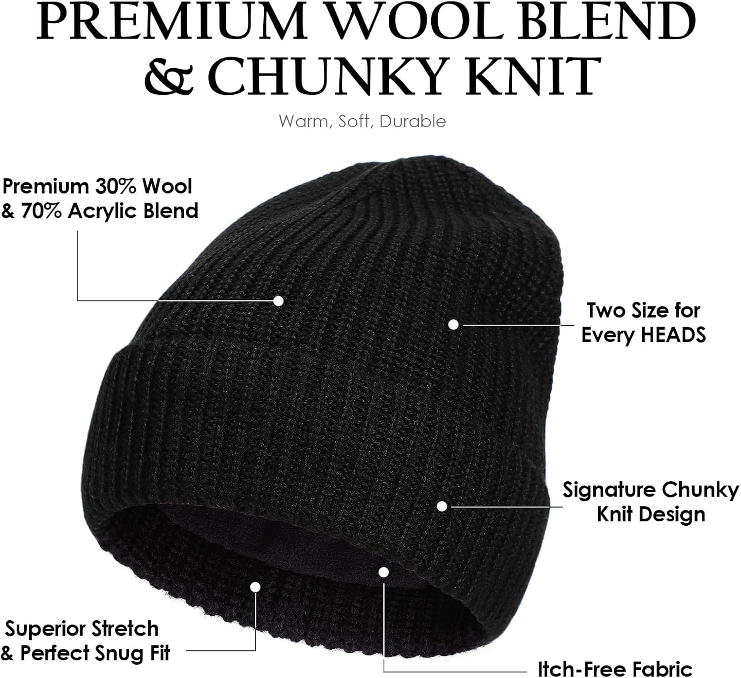 Big Head L/XXL Wool Blend Warm Beanie for Men, Chunky Knit Texture, Warm Stretchable Skull Cap Winter Hats image number 5