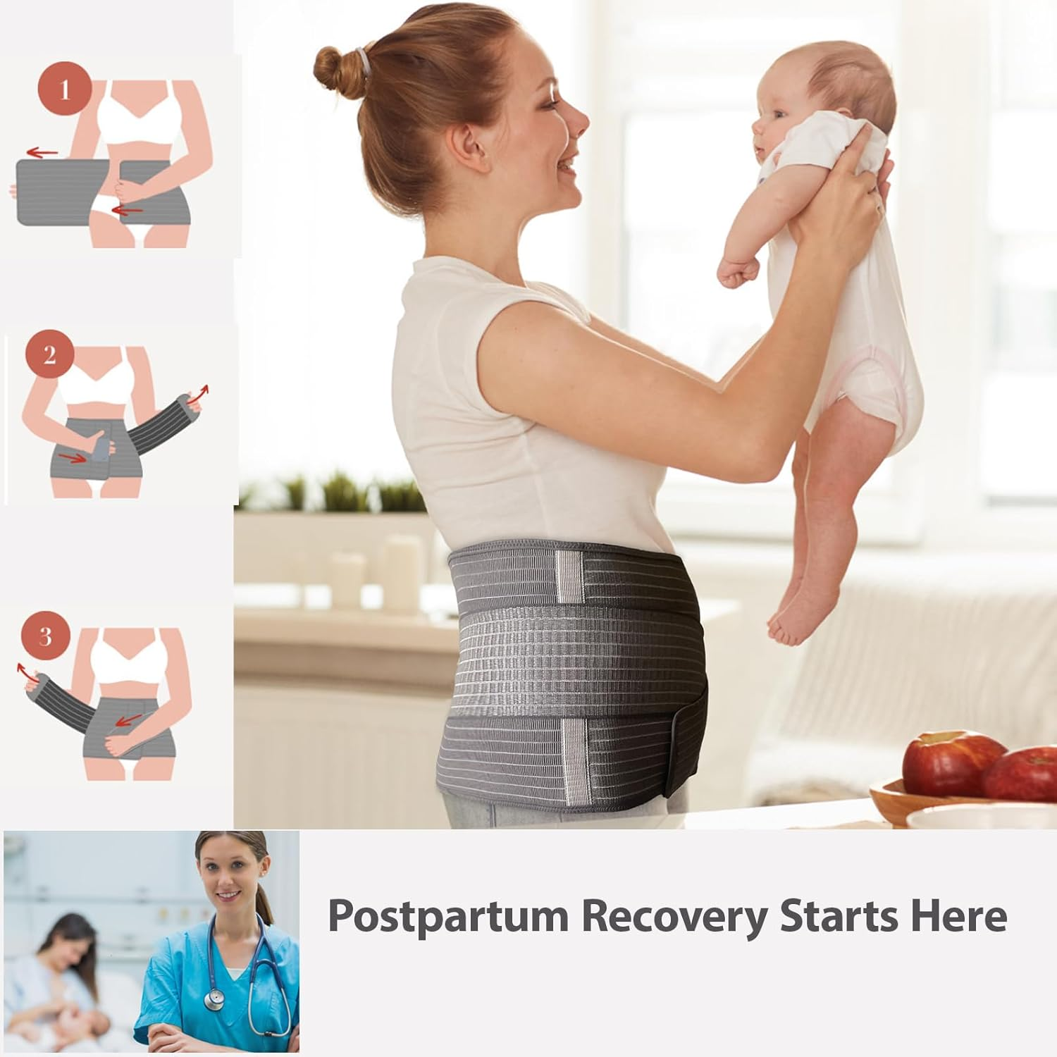 Alpinmett Postpartum Bell Band C Section Belly Binder with Dual Compression Support Band Wraps for Postpartum Care and Recovery, S/M image number 3