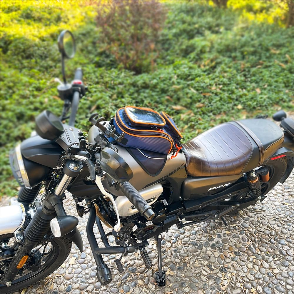Reygeak Motorcycle Tank Bag，Waterproof, with Super Magnetic Thickened Magnet Blue Orange 1680D PVC Petrol Tank Bag, Large Window Cell Phone Bag, Suitable for Suzuki Kawasaki Honda Harley Yamaha.