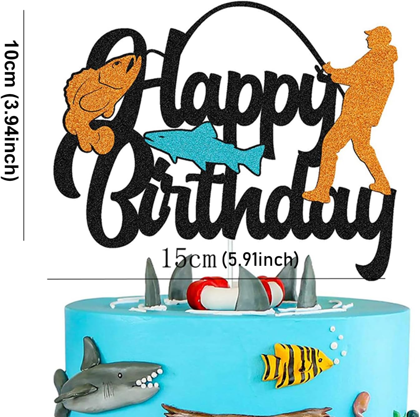 1Pc Fishing Cake Topper Glitter Fisherman Birthday Cake Pick Outdoor Gone Fishing Themed Men Boys Birthday Party Cake Decoration Supplies image number 3