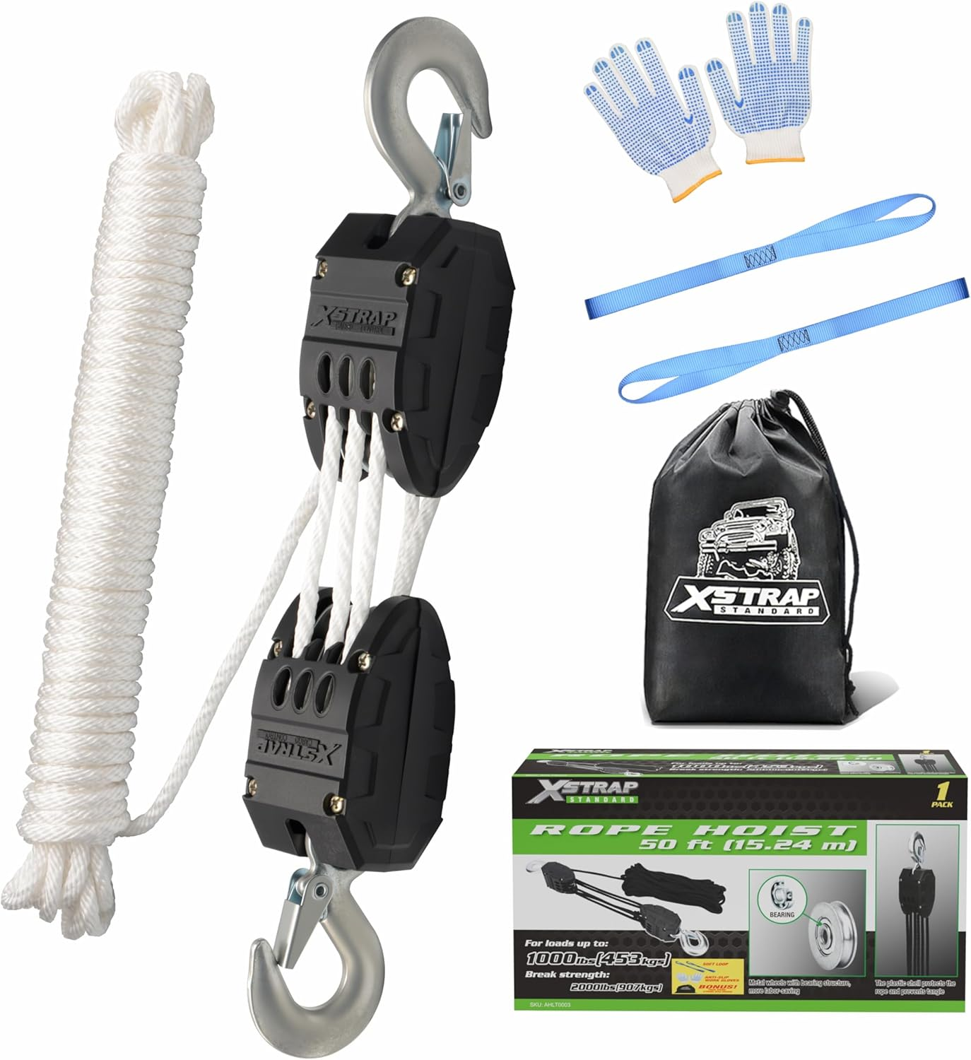 XSTRAP Standard Heavy-Duty 2,000LB Reflective Rope Hoist Pulley 50 Feet Wheel Block and Tackle System with 2PK 18 Inch Soft Loops for Animal Husbandry, Garage, Warehouse, Constructions