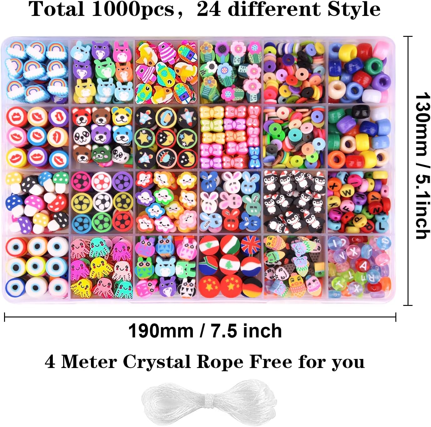 1000PCS Polymer Clay Beads Bracelet Making Kit, 24 Style Cute Fun Beads Flower Animal Rainbow Eye Charms for Jewelry Necklace Earring Making DIY Accessories for Women Girls image number 5