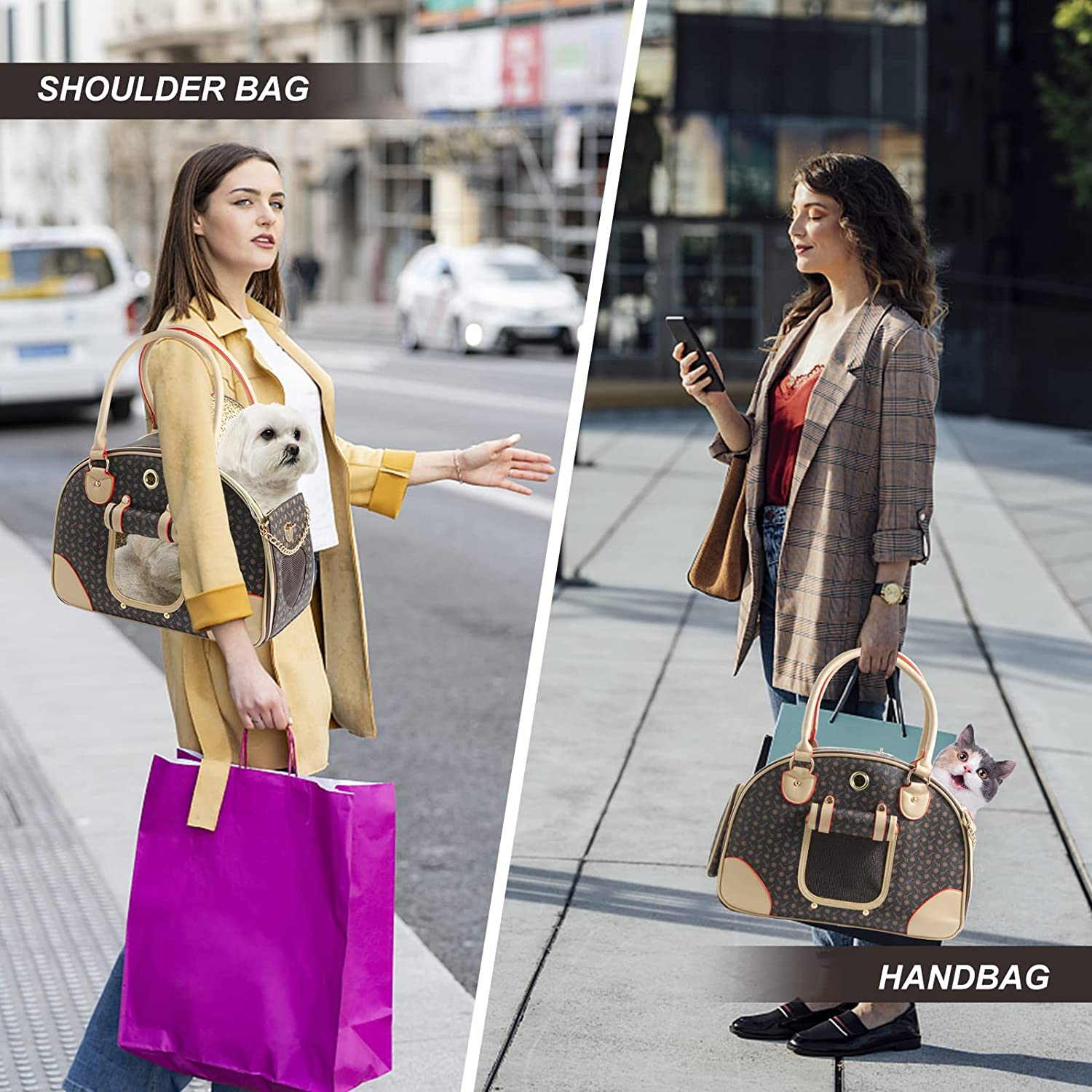 BETOP House Fashion Dog Carrier PU Leather Dog Handbag Dog Purse Cat Tote Bag Pet Cat Dog Hiking Bag, Brown, Large image number 4