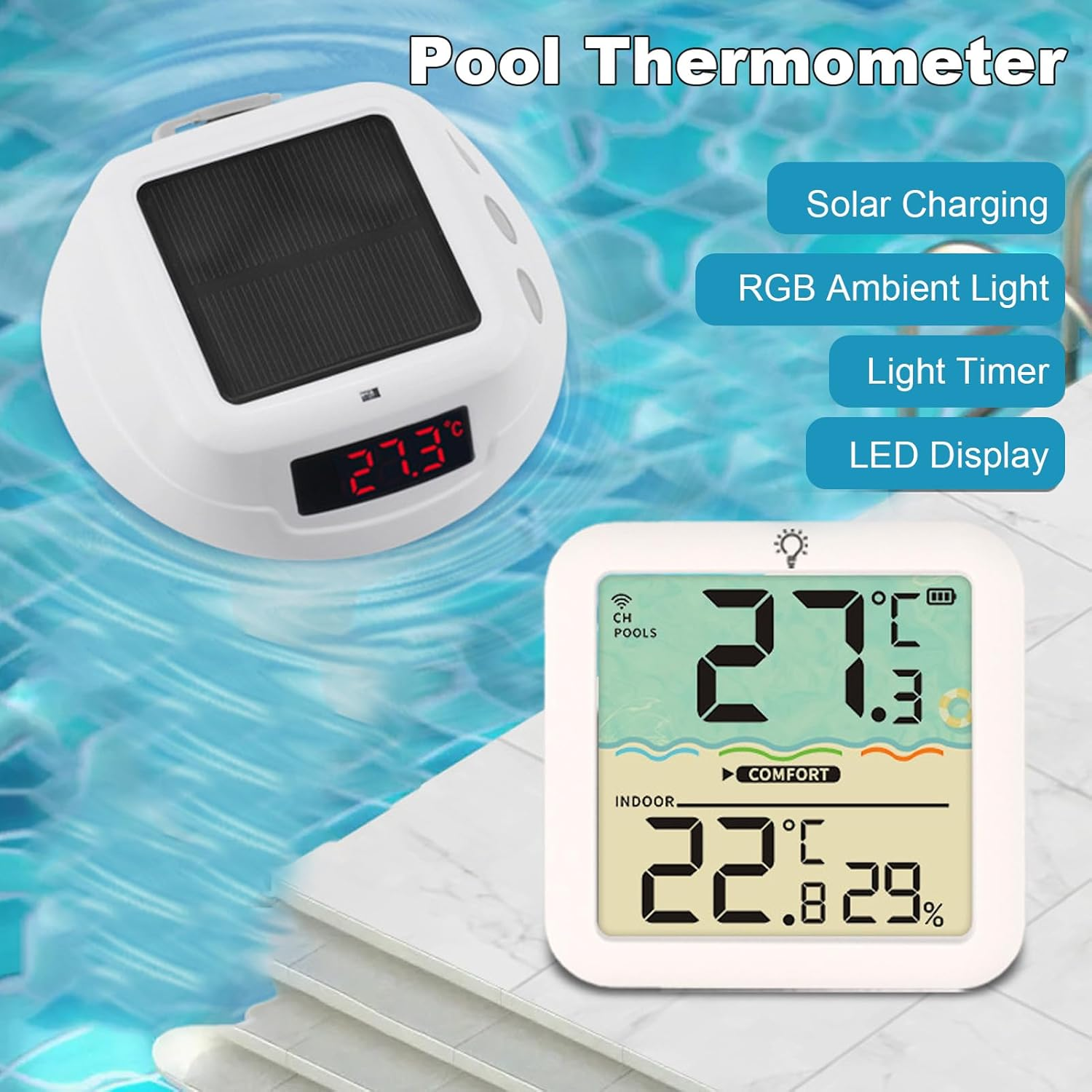 Wireless Floating Pool Thermometer Colorful Light Change Swimming LED Display Indoor Outdoor Temperature Detector Hot Tub IP68 Rainproof Long-Lasting Solar Charging image number 5