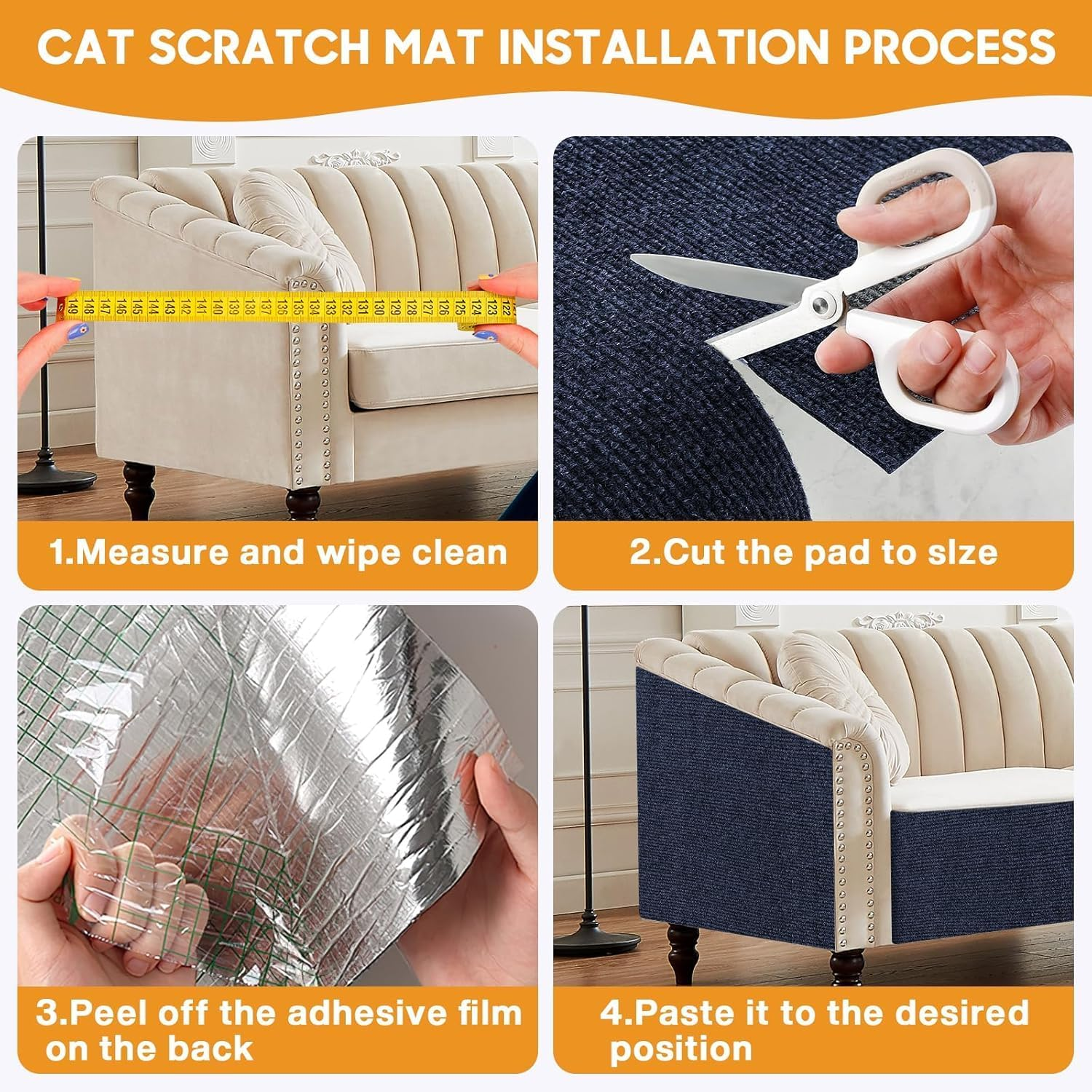MIAOKE Pack of 2 90 X 40 Cm, Scratch Protection for Cat Furniture with Utility Knife and Tape Measure, Cut to Size Self-Adhesive Scratching Mat for Cats, Suitable for Homemade Scratching Post Stands image number 5