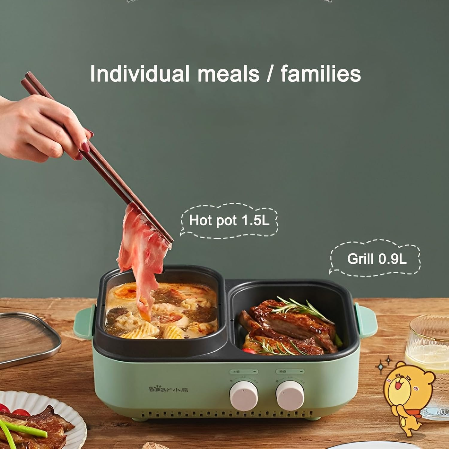 2-In-1 Electric Grill with Hot Pot,Non-Stick Electric Cooking Pot for Steak, Shabu-Shabu, Noodles, Simmering and Sauteing, Independent Dual Temperature Control Korean Barbecue Grill Pan image number 3