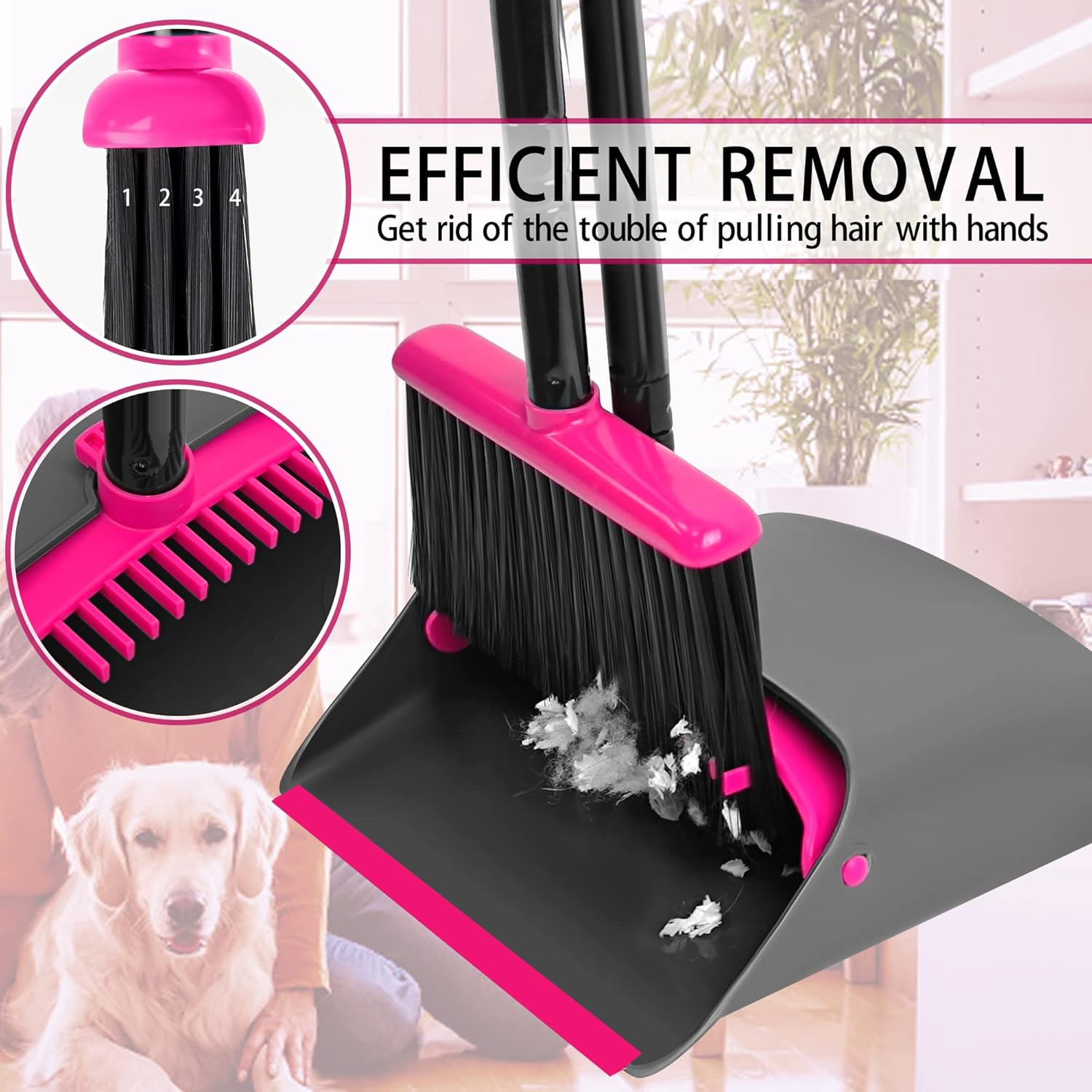 JEHONN Broom with Dustpan Combo Set, Long Handle Lightweight Indoor Broom Set, Upright Standing Dust Pan with Comb Teeth Store Sweep Set for Home Room Kitchen Office Lobby (Rose Red) image number 6