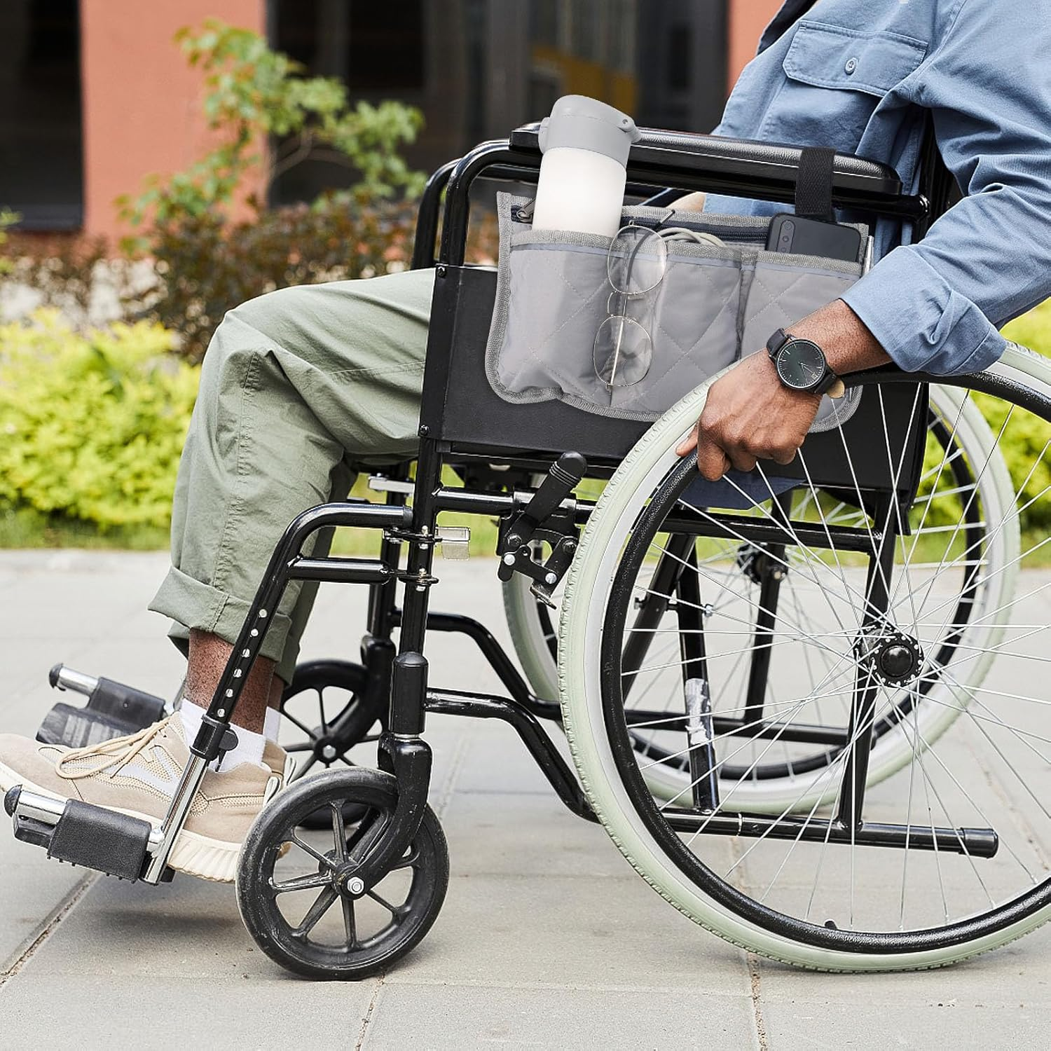 2 PCS Wheelchair Bag and Reflective Stripes, Black and Gray Wheelchair Side Bag, Wheelchair Accessories for Seniors, Wheelchair Armrest Side Bag for Manual Wheelchair, Electric Wheelchairs, Rollator and Walker (Gray) image number 6